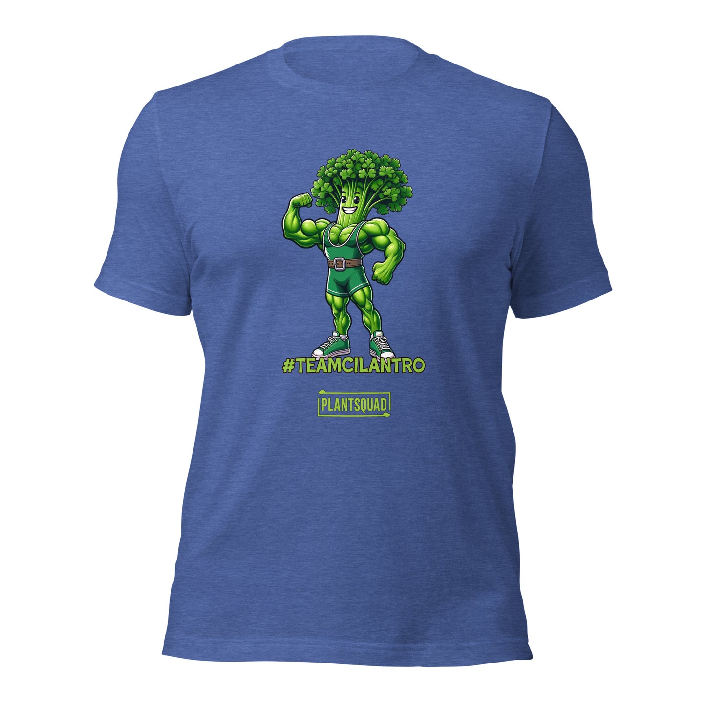 A Plantsquad Cilantro "Team Cilantro" - Unisex T-Shirt showcasing a cartoon character with a broccoli head and muscular green body. The character, dressed in a green singlet and flexing one arm, proudly displays the text "#TEAMCILANTRO" below, alongside the iconic "plant squad" logo.