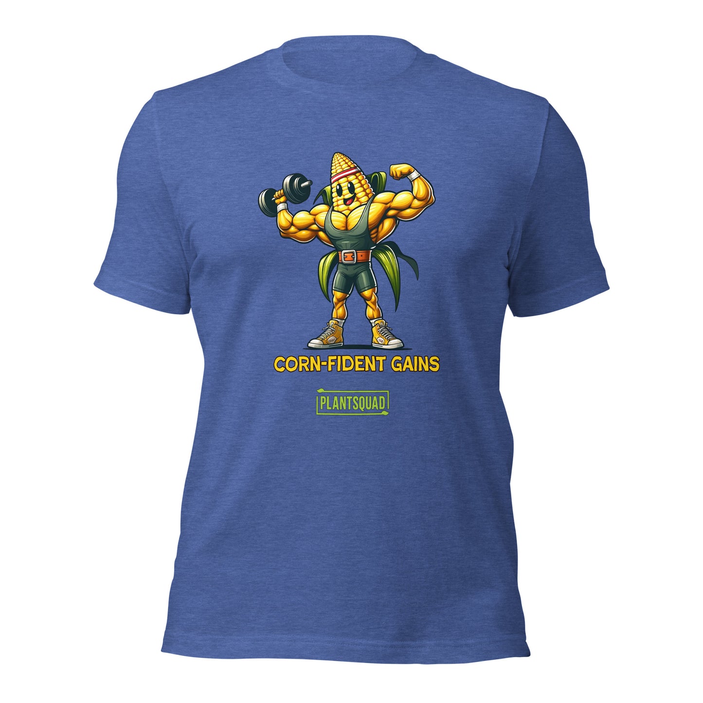 The Plantsquad Corn "Corn-fident Gains" - Unisex T-Shirt showcases a muscular cartoon corn cob sporting a green belt. The text beneath the character reads, "CORN-FIDENT GAINS," with "plantsquad" proudly displayed in a green box below it.