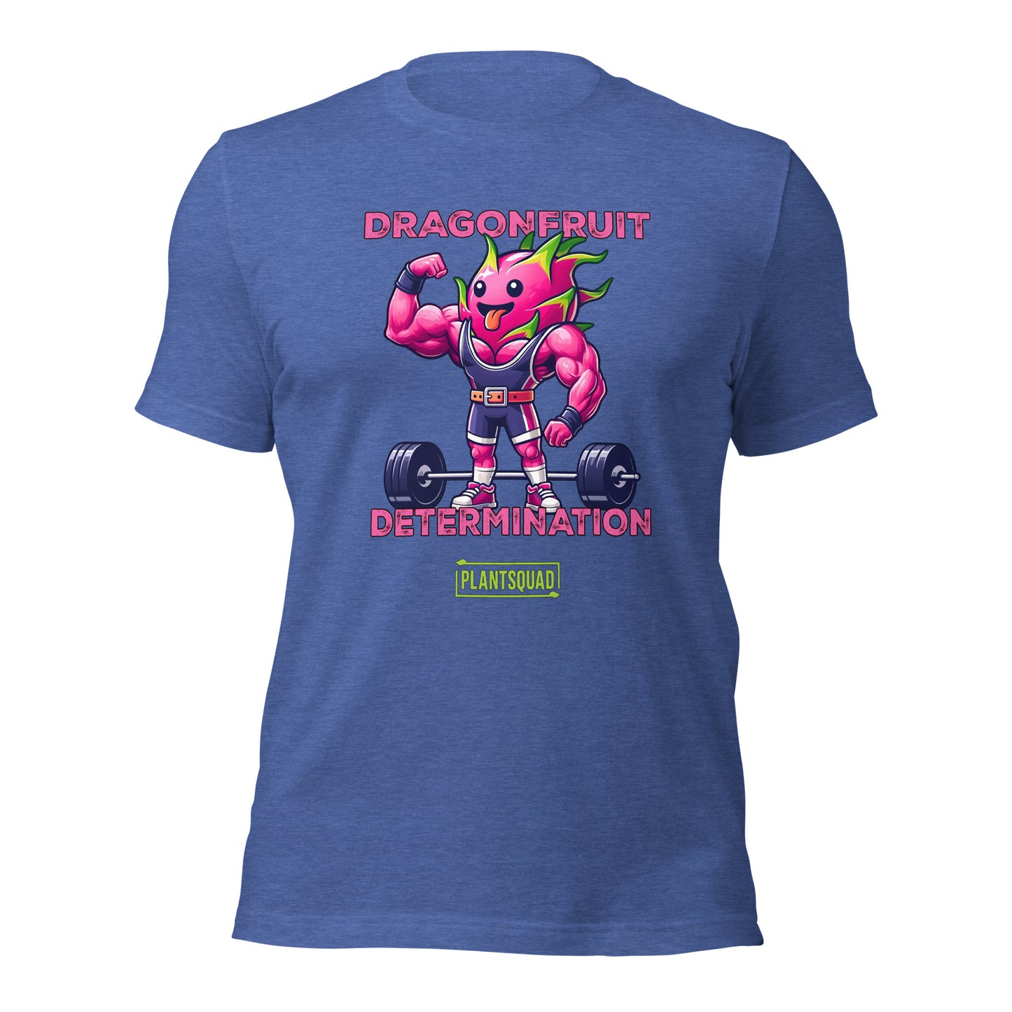 The Plantsquad Dragonfruit "Dragonfruit Determination" - Unisex T-Shirt features a black T-shirt with a muscular anthropomorphic dragon fruit character lifting weights. The text above the character reads "Dragonfruit" and below it reads "Determination." At the bottom, there's a stylish PlantSquad logo.