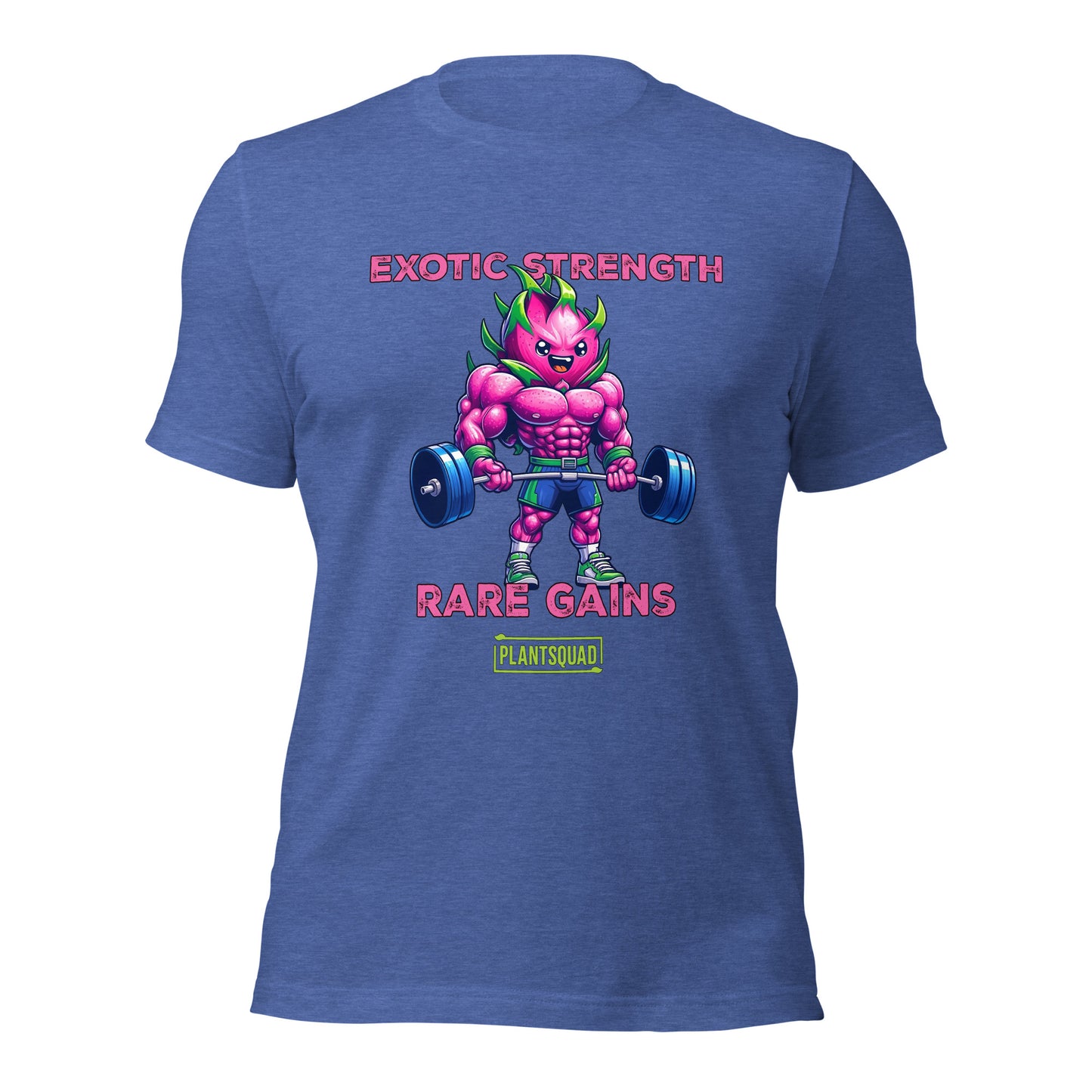 A Plantsquad Dragonfruit "Exotic Strength Rare Gains" - Unisex T-Shirt featuring a muscular anthropomorphic plant figure lifting a barbell. The character boasts bright purple skin and green leaves. Above the figure, text reads "EXOTIC STRENGTH," and below, "RARE GAINS." A small logo at the bottom proudly displays "PLANTSQUAD.