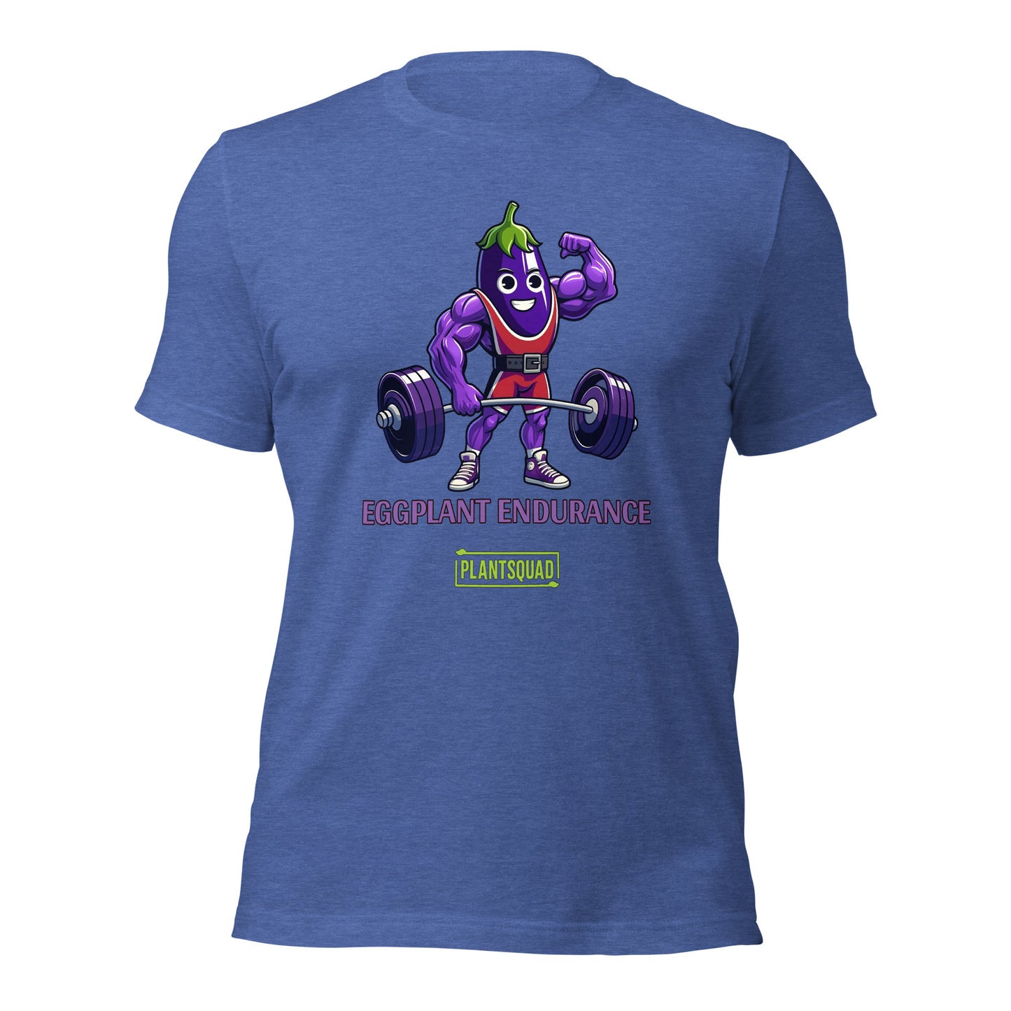 A Plantsquad Eggplant "Eggplant Endurance" - Unisex T-Shirt featuring a muscular animated eggplant character wearing a red and white athletic outfit, lifting a barbell. The text reads "Eggplant Endurance" above "Plantsquad" in green.