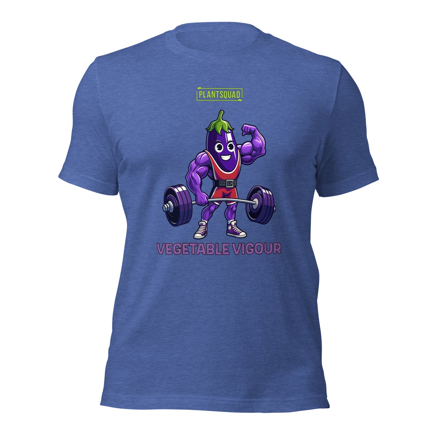 A Plantsquad Eggplant "Vegetable Vigour" - Unisex T-Shirt featuring a cartoon eggplant character lifting a heavy barbell. The muscular, smiling eggplant sports red shorts and green hair. Above the character, it proudly reads "PLANTSQUAD," with "VEGETABLE VIGOUR" in bold purple letters below.