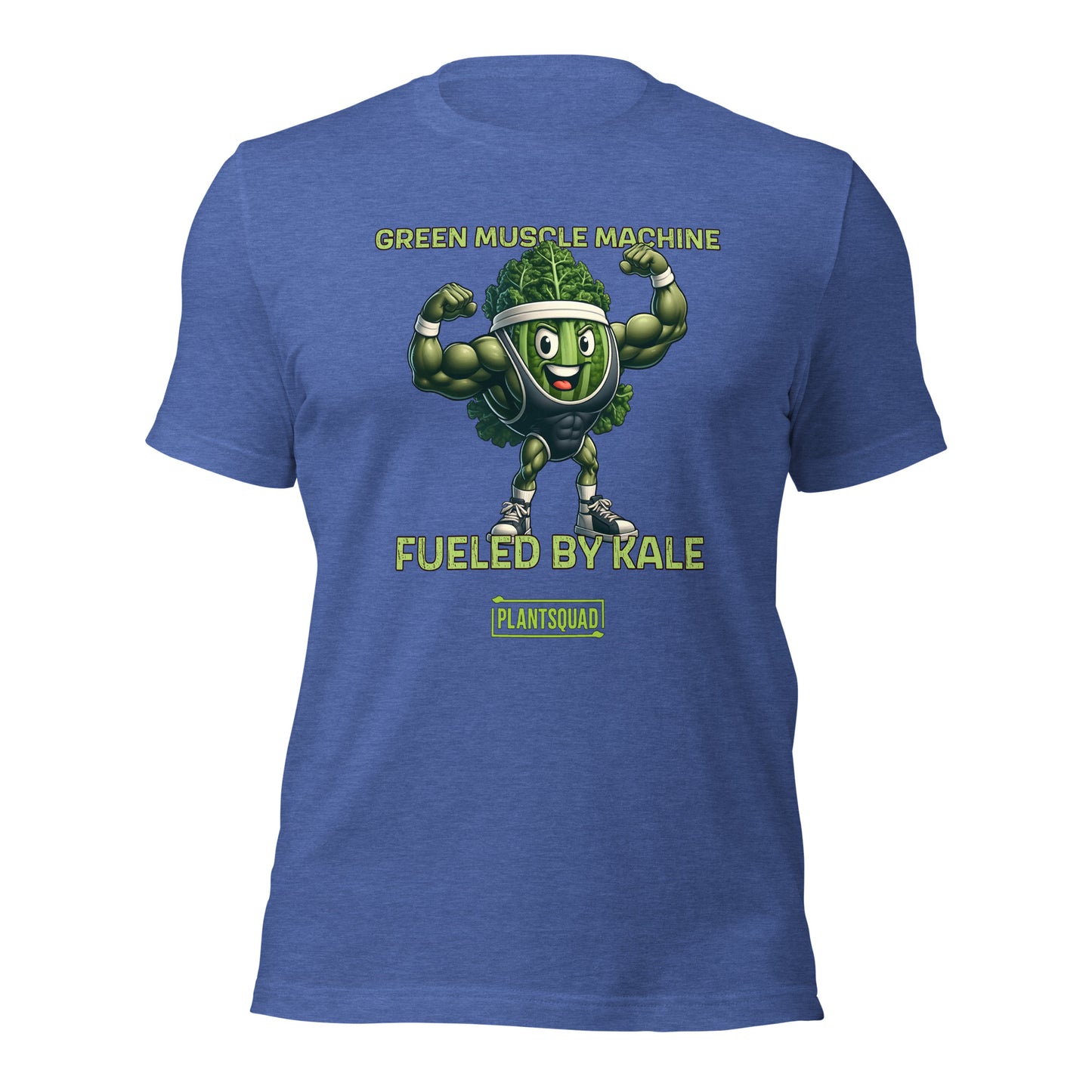 Plantsquad Kale "Green Muscle Machine Fueled By Kale" - Unisex T-Shirt featuring a cartoon kale character with muscular arms, flexing and smiling. The shirt displays the text "GREEN MUSCLE MACHINE" above the character and "FUELED BY KALE" below. Proudly wear your "PLANTSQUAD" mantra at the bottom of this unique design.
