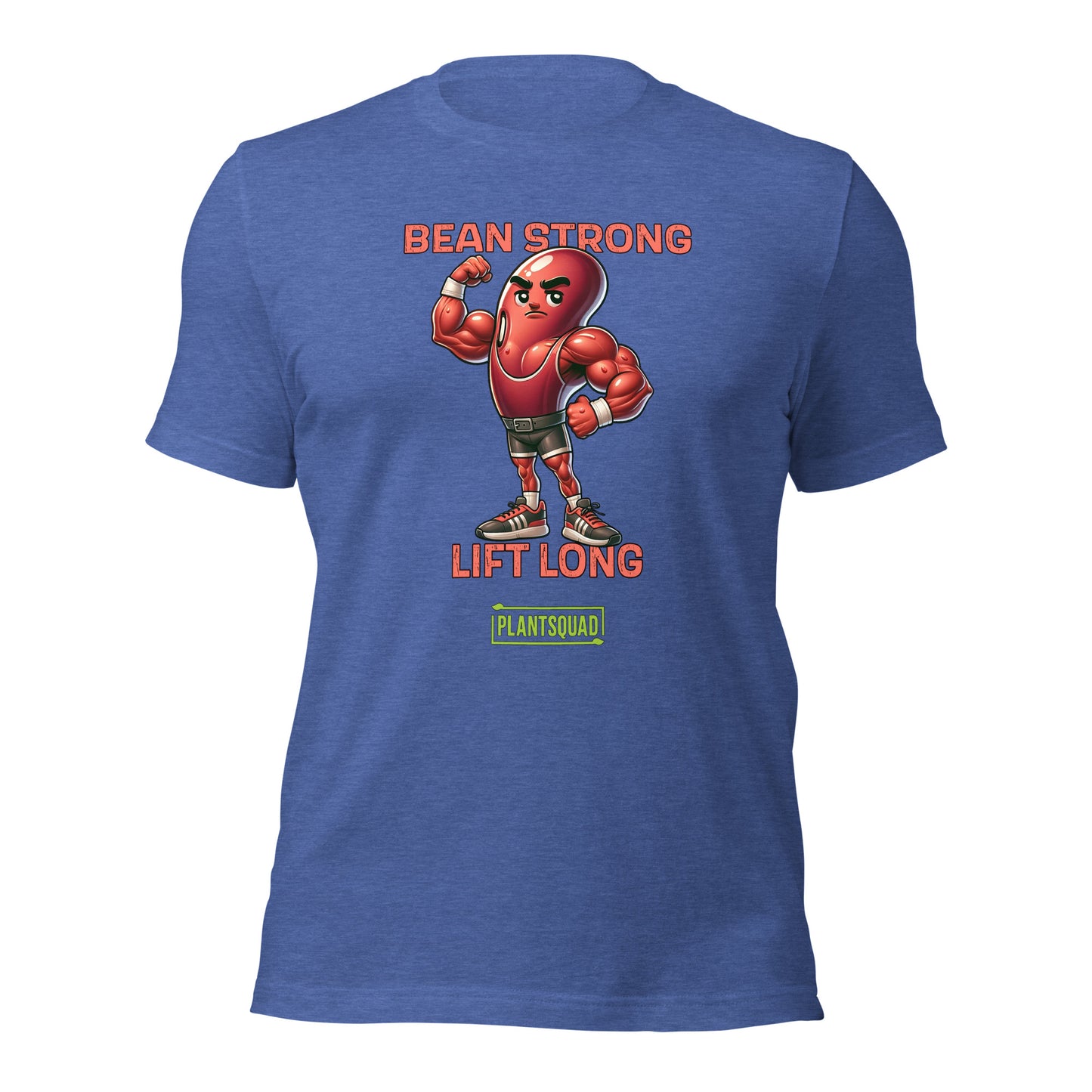 A black t-shirt featuring a muscular cartoon bean character flexing its arm. Above the character are the words "BEAN STRONG" and below it, "LIFT LONG." The bottom of this Plantsquad Kidney Bean "Bean Strong Lift Long" - Unisex T-Shirt proudly displays the "PLANTSQUAD" logo.