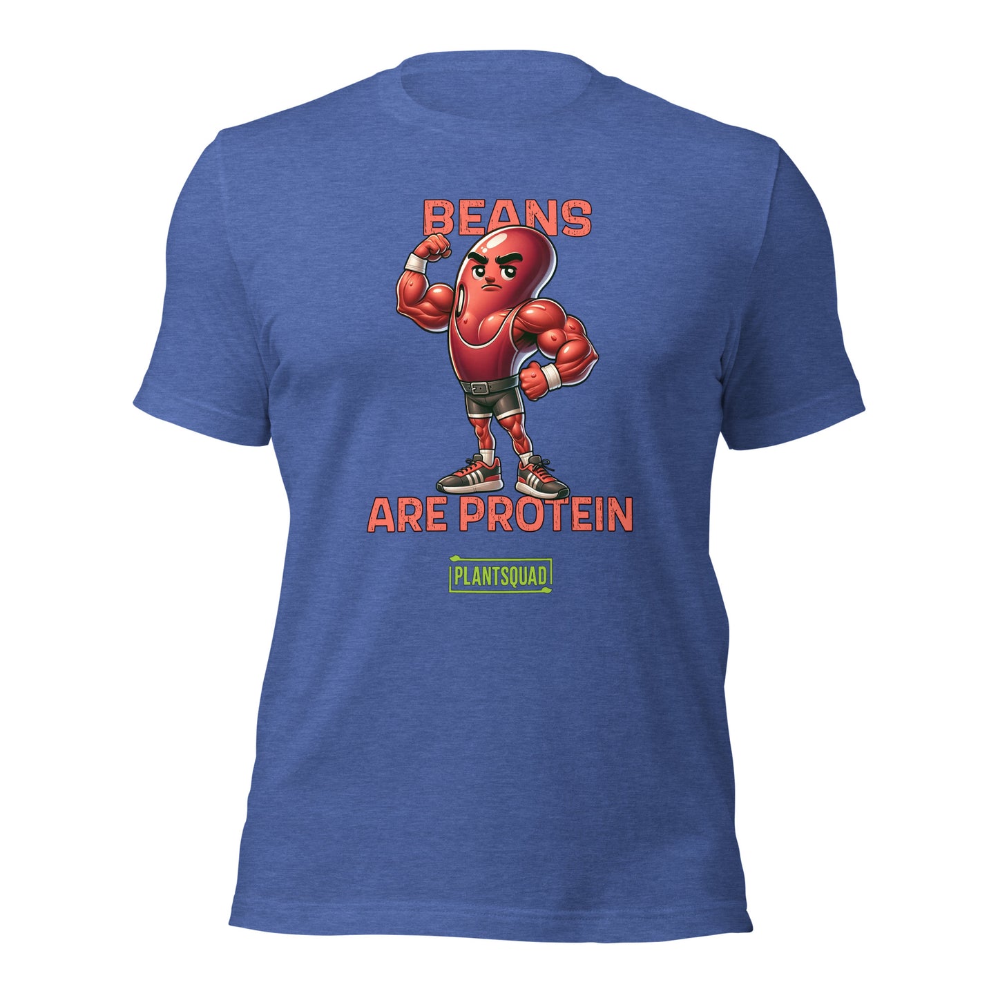 A black t-shirt featuring a muscular cartoon bean character with arms flexed. Above the character, red text reads "Beans," and below it, "Are Protein" is displayed in orange. Beneath that, the word "Plantsquad" is prominently written in green — Plantsquad Kidney Bean "Beans Are Protein" - Unisex T-Shirt.