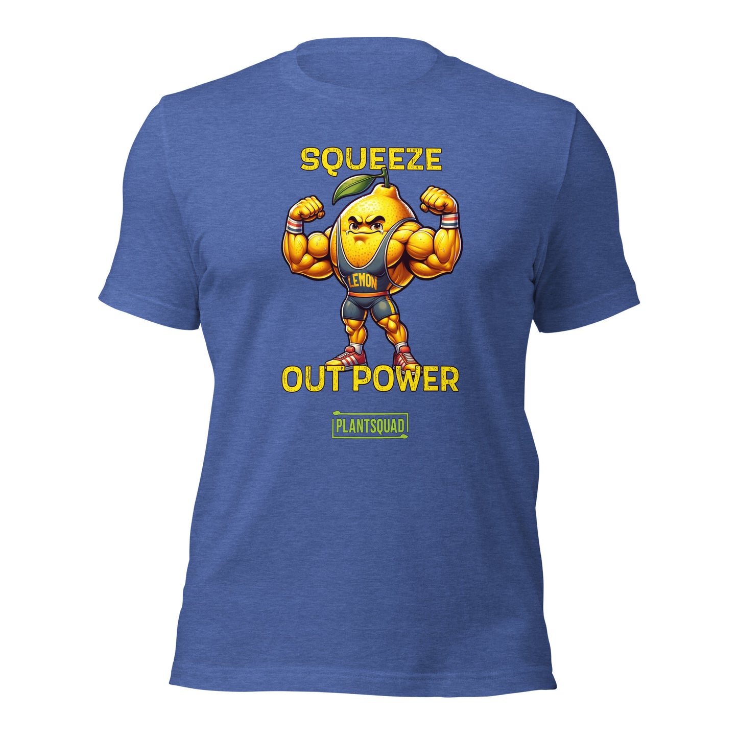 A black Plantsquad Lemon "Squeeze Out Power" - Unisex T-Shirt featuring a muscular lemon character flexing its arms with the text "Squeeze Out Power" in yellow. Perfect for fitness enthusiasts and those embracing a vegan lifestyle, the word "LEMON" appears on the character's chest, with "PLANTSQUAD" in a green box at the bottom.