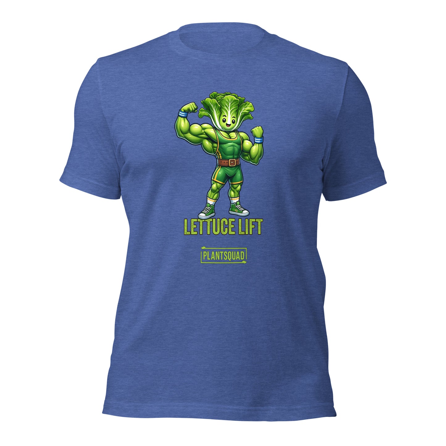 A Plantsquad Lettuce "Lettuce Lift" - Unisex T-Shirt featuring a muscular anthropomorphic lettuce flexing its arms. Below the image, the text reads "LETTUCE LIFT" in bold green letters, with "PLANTSQUAD" in a smaller font—perfect for fitness enthusiasts embracing a plant-based lifestyle.