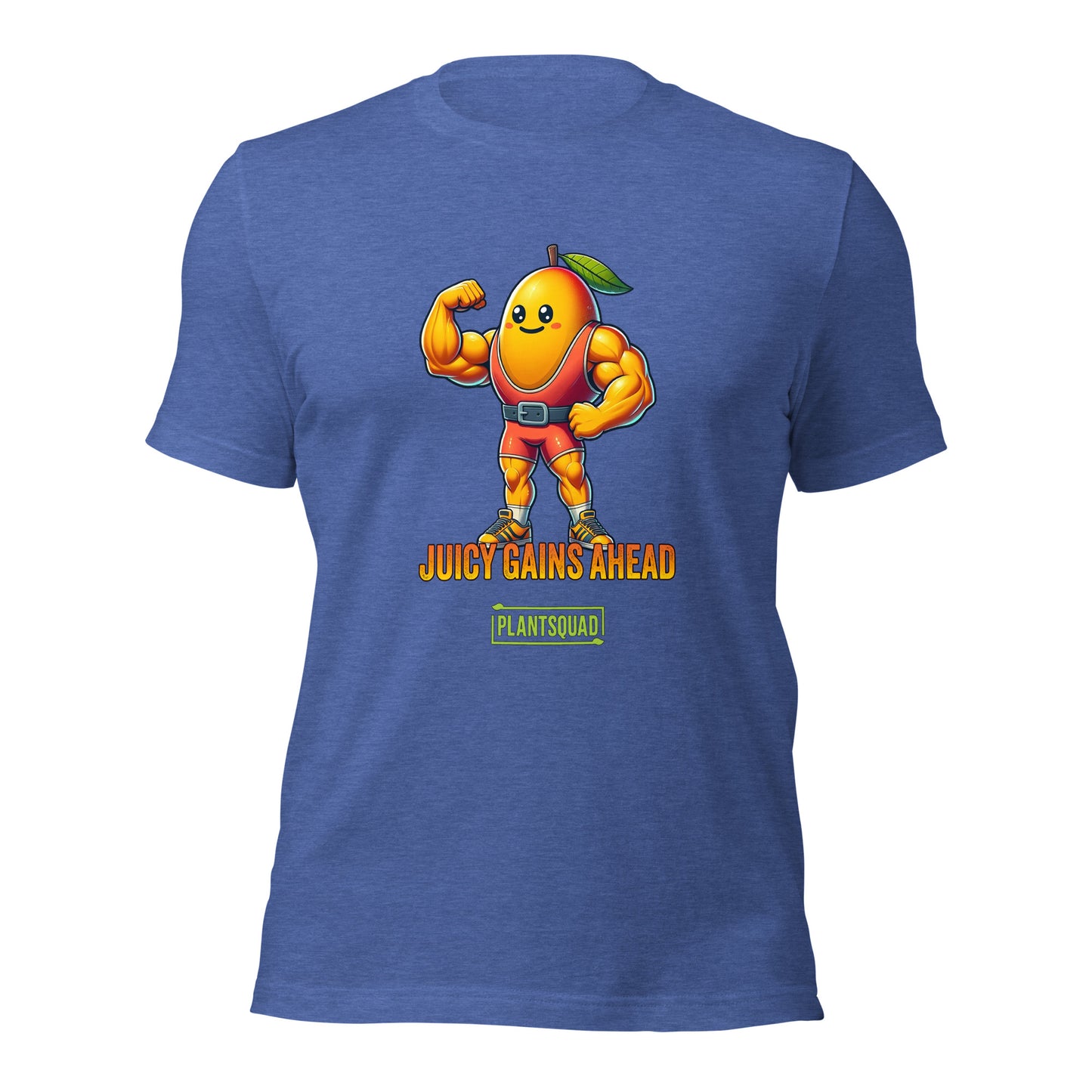 A black Plantsquad Mango "Juicy Gains Ahead" - Unisex T-Shirt featuring a muscular, anthropomorphic orange fruit character with a leaf on its head, flexing its biceps. Text below the character reads "JUICY GAINS AHEAD" with "PLANTSQUAD" in a box underneath. Perfect fitness apparel for those living a plant-based lifestyle.