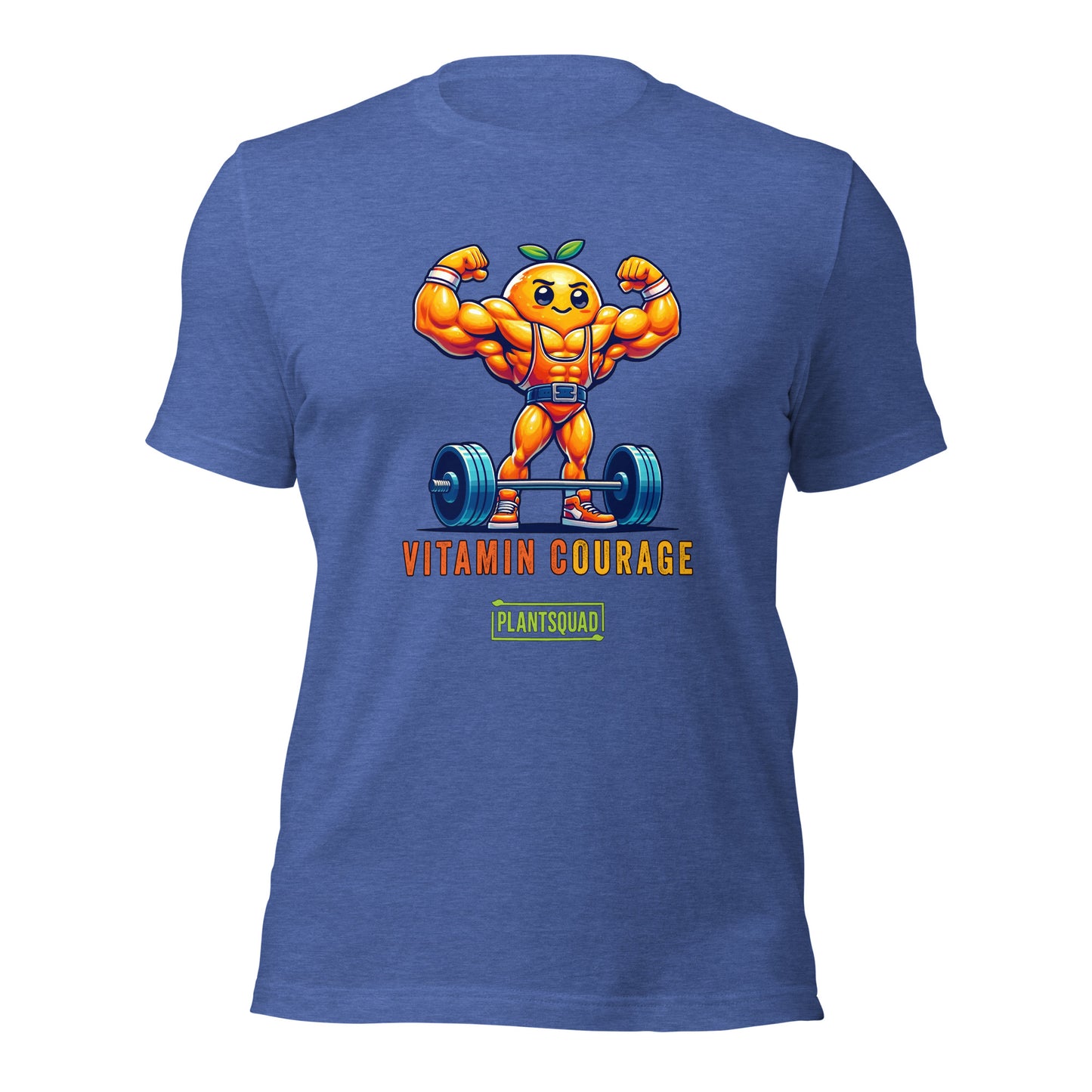 Plantsquad Orange "Vitamin Courage" - Unisex T-Shirt featuring a muscular, anthropomorphic orange lifting a barbell. The text reads "VITAMIN COURAGE" above and "PLANTSQUAD" inside a green rectangle below the image, perfect for fitness enthusiasts and those embracing a plant-based lifestyle.