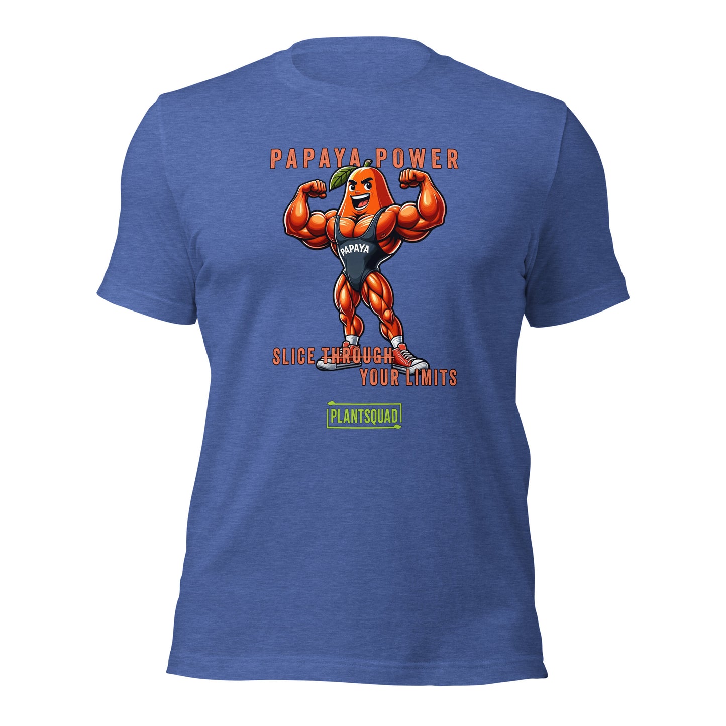 A black Plantsquad Papaya "Papaya Power Slice Through Your Limits" - Unisex T-Shirt featuring a muscular cartoon papaya flexing its arms with the text "PAPAYA POWER" above. Below, the phrase "SLICE THROUGH YOUR LIMITS" is written, celebrating a vegan lifestyle for fitness enthusiasts, with the brand name "PLANTSQUAD" at the bottom.