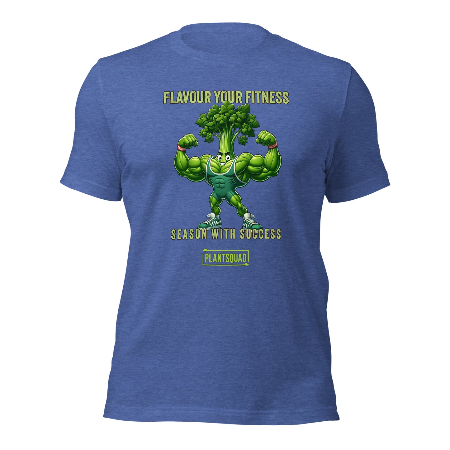 Plantsquad Parsley "Flavour Your Fitness Season With Success" - Unisex T-Shirt with a cartoon muscular broccoli character flexing its arms. The text above the character reads "FLAVOUR YOUR FITNESS." Below the character, the text says "SEASON WITH SUCCESS," and at the bottom, a logo reads "PLANTSQUAD." Perfect for enthusiasts of the vegan lifestyle.