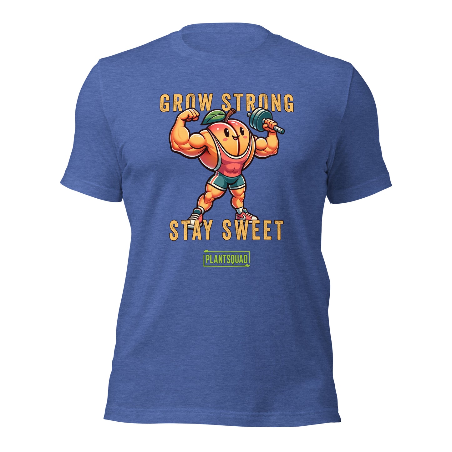 The Plantsquad Peach "Grow Strong Stay Sweet" - Unisex T-Shirt features an illustration of a muscular, anthropomorphic peach wearing a headband, wristbands, and shorts, lifting a barbell. The text above reads "GROW STRONG" and below reads "STAY SWEET" with a "PLANTSQUAD" logo at the bottom. Perfect for those embracing a plant-based lifestyle and fitness apparel.