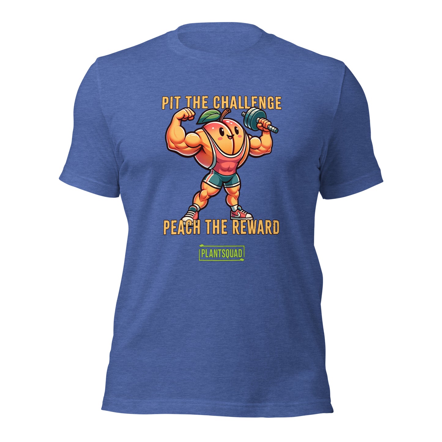 A Plantsquad Peach "Pit The Challenge Peach The Rewards" - Unisex T-Shirt with a graphic of a muscular peach character lifting a barbell. The text above and below the character reads, "Pit the challenge, Peach the reward." Made from high-quality breathable fabric, it features a green logo saying "Plantsquad" at the bottom—perfect for fitness enthusiasts embracing a vegan lifestyle.