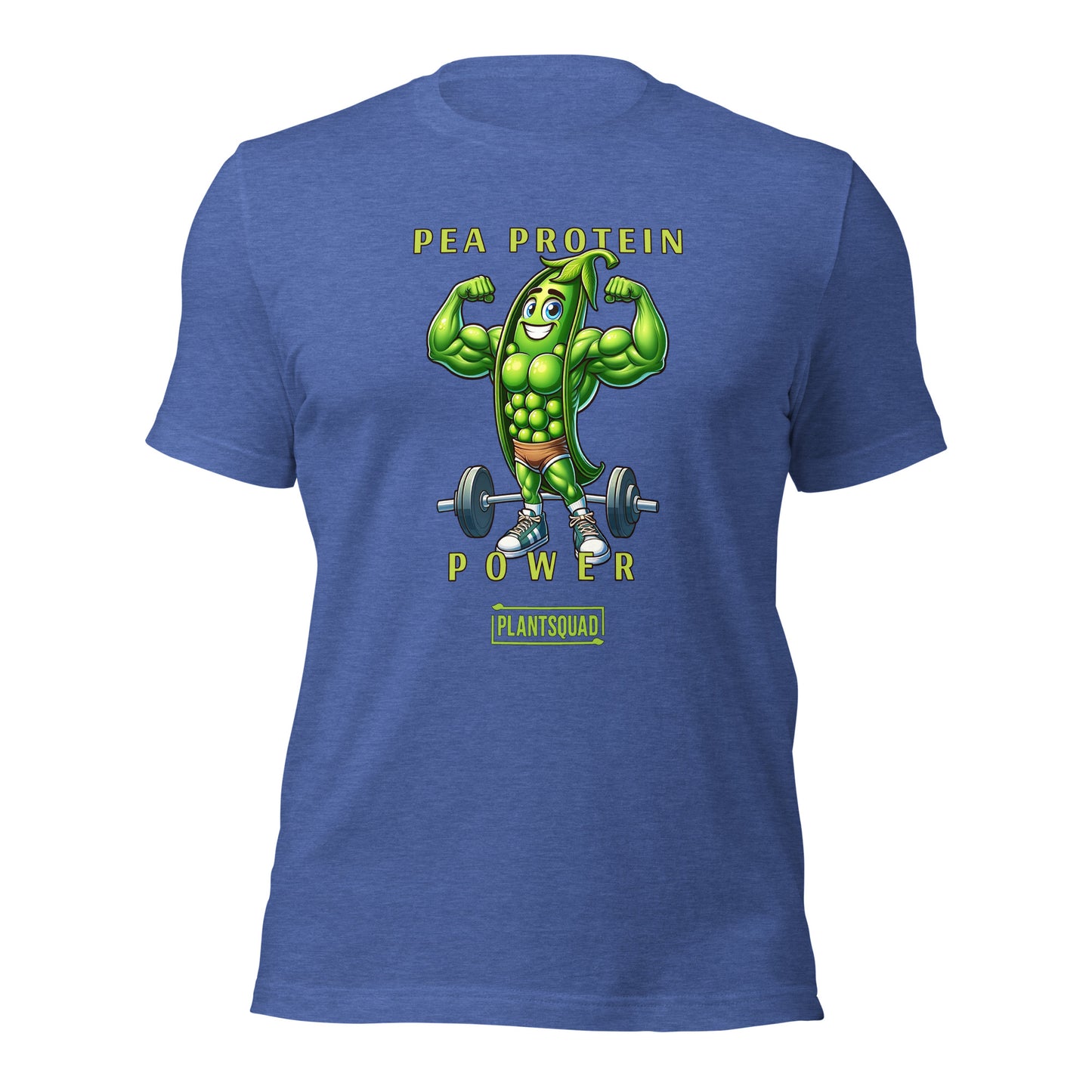 A Plantsquad Peas "Pea Protein Power" - Unisex T-Shirt featuring a cartoon image of a muscular pea pod lifting a barbell. The text above the image reads "PEA PROTEIN" and "POWER," and below it, "PLANTSQUAD." This tee captures the essence of vegan fitness and celebrates strength through a plant-based lifestyle.