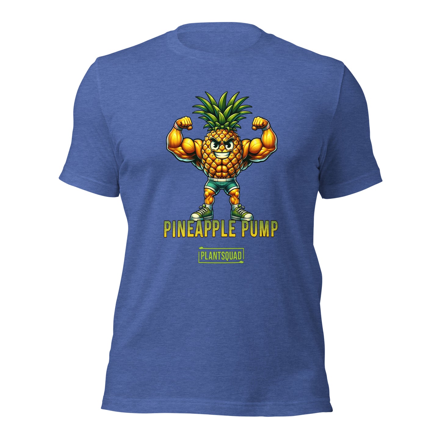 A black Plantsquad Pineapple "Pineapple Pump" - Unisex T-Shirt featuring an illustration of a muscular pineapple character flexing its biceps. Perfect for fitness enthusiasts, the text "Pineapple Pump" is written below, along with a yellow rectangular logo that says "Plantsquad," promoting a fun vegan lifestyle.