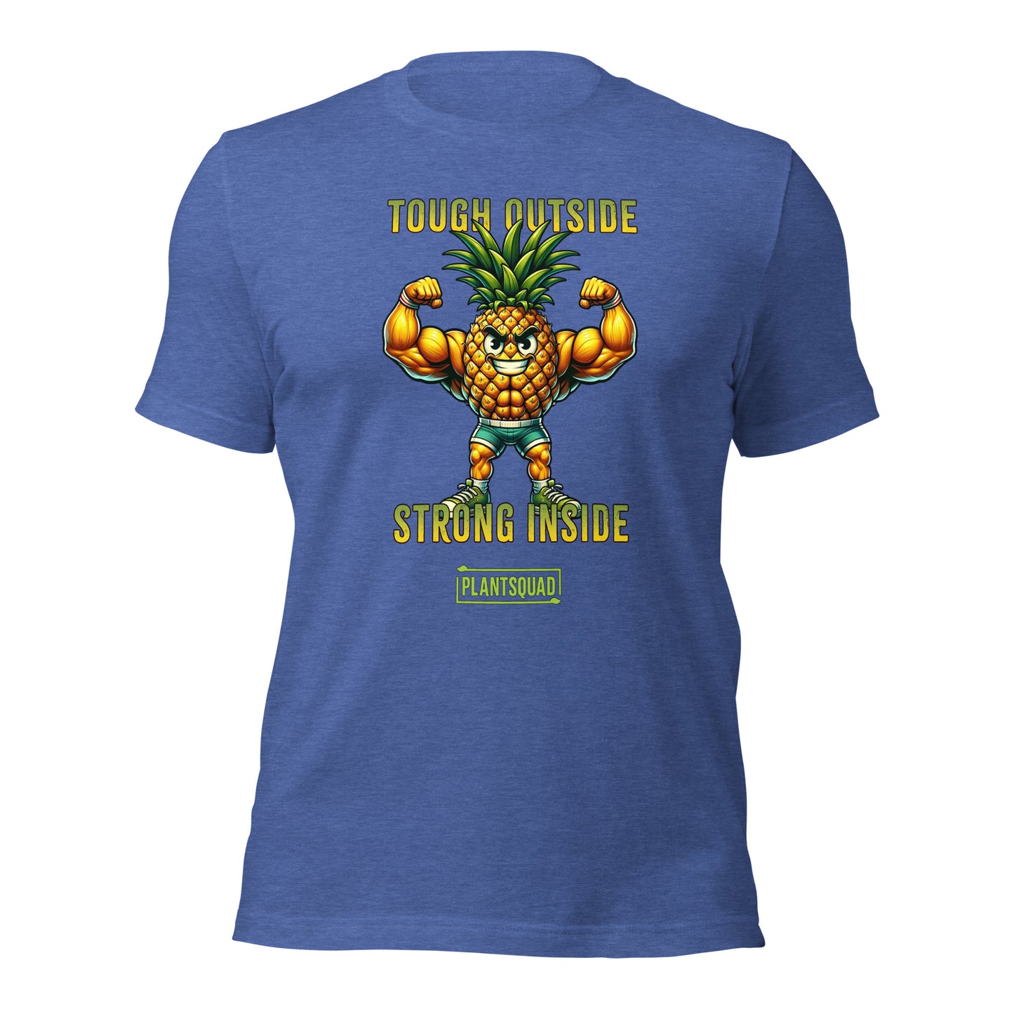 A black workout T-shirt features a muscular anthropomorphic pineapple flexing its biceps. Above the pineapple is the text "Tough Outside" and below it reads "Strong Inside." At the bottom, there's a green box with the word "Plantsquad Pineapple  'Tough Outside Strong Inside' - Unisex T-Shirt," perfect for anyone embracing a plant-based lifestyle.