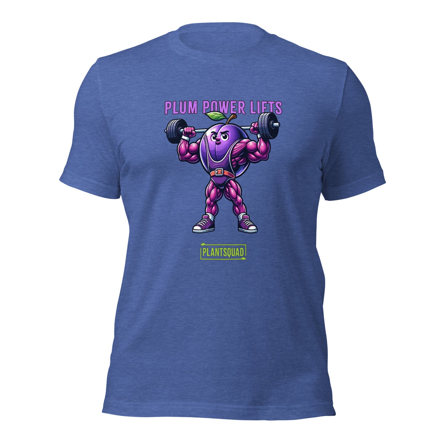 Plantsquad Plum "Plum Power Lifts" - Unisex T-Shirt featuring a cartoon plum with muscular arms and legs lifting a barbell. The text above the image reads "Plum Power Lifts" and below it, there's a logo with "PLANTSQUAD." Perfect for fitness enthusiasts embracing a vegan lifestyle, the plum character is depicted in a vibrant, exaggerated style.