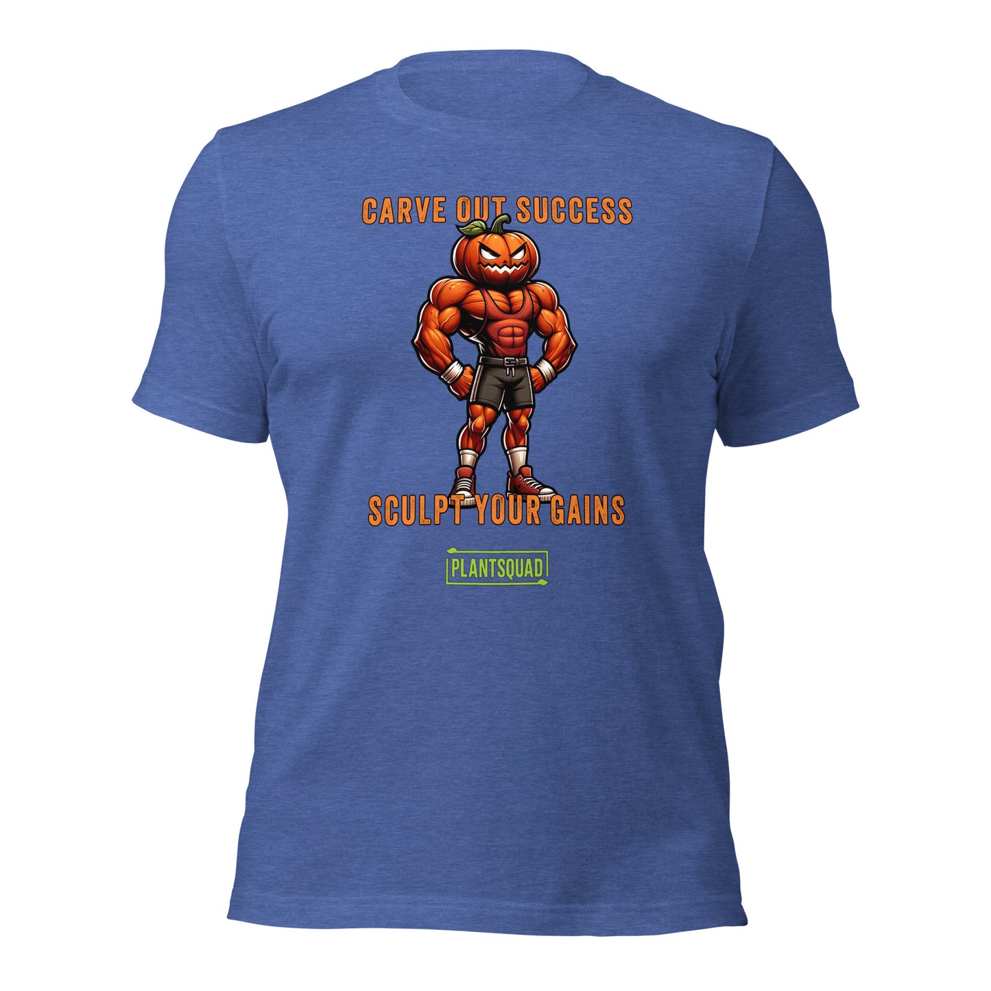 Plantsquad Pumpkin "Carve Out Your Success Sculpt Your Gains" - Unisex T-Shirt featuring a muscular pumpkin-headed character in gym attire. The text above the character says "CARVE OUT SUCCESS," and below reads "SCULPT YOUR GAINS." Perfect for fitness enthusiasts and those embracing a plant-based lifestyle, the bottom text says "PLANTSQUAD" in a green box.