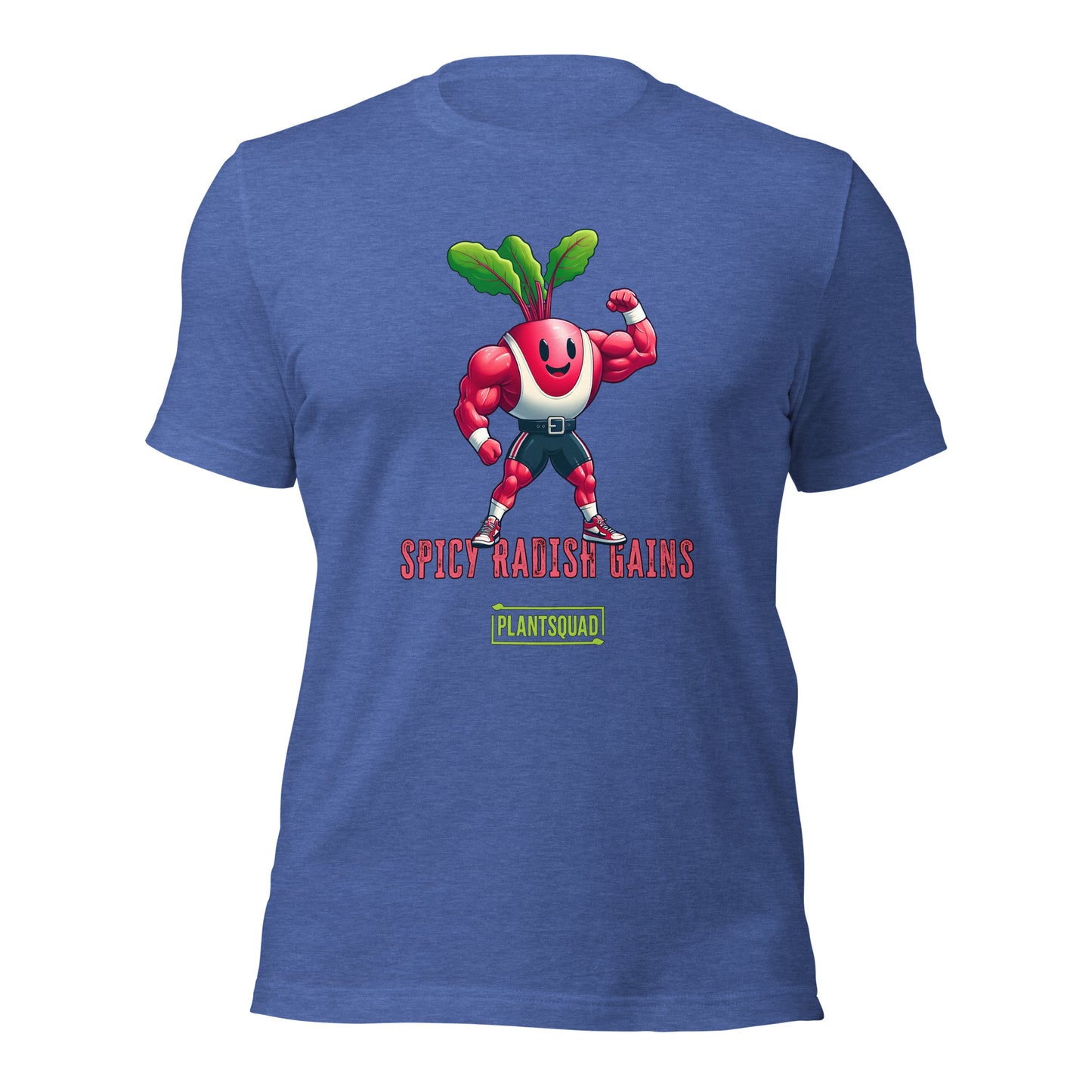 A Plantsquad Radish "Spicy Radish Gains" - Unisex T-Shirt features a muscular radish character with a smiling face and green leaves on its head, flexing its muscles. Below the character, the text reads "SPICY RADISH GAINS." The logo for "PLANTSQUAD" is displayed underneath the text, making it a perfect vegan fitness shirt.