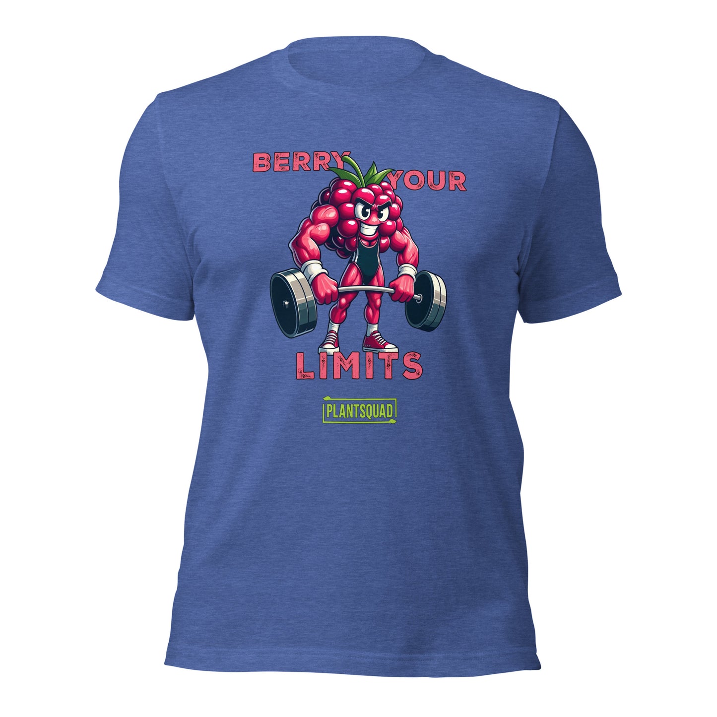 A black t-shirt displays a muscular anthropomorphic berry lifting dumbbells. Above, text reads, "Berry Your Limits," celebrating vegan fitness. At the bottom, the word "PlantSquad" is enclosed in a green box. The berry character is detailed with sneakers and a prominent expression.

Product Name: Plantsquad Raspberry "Berry Your Limits" - Unisex T-Shirt