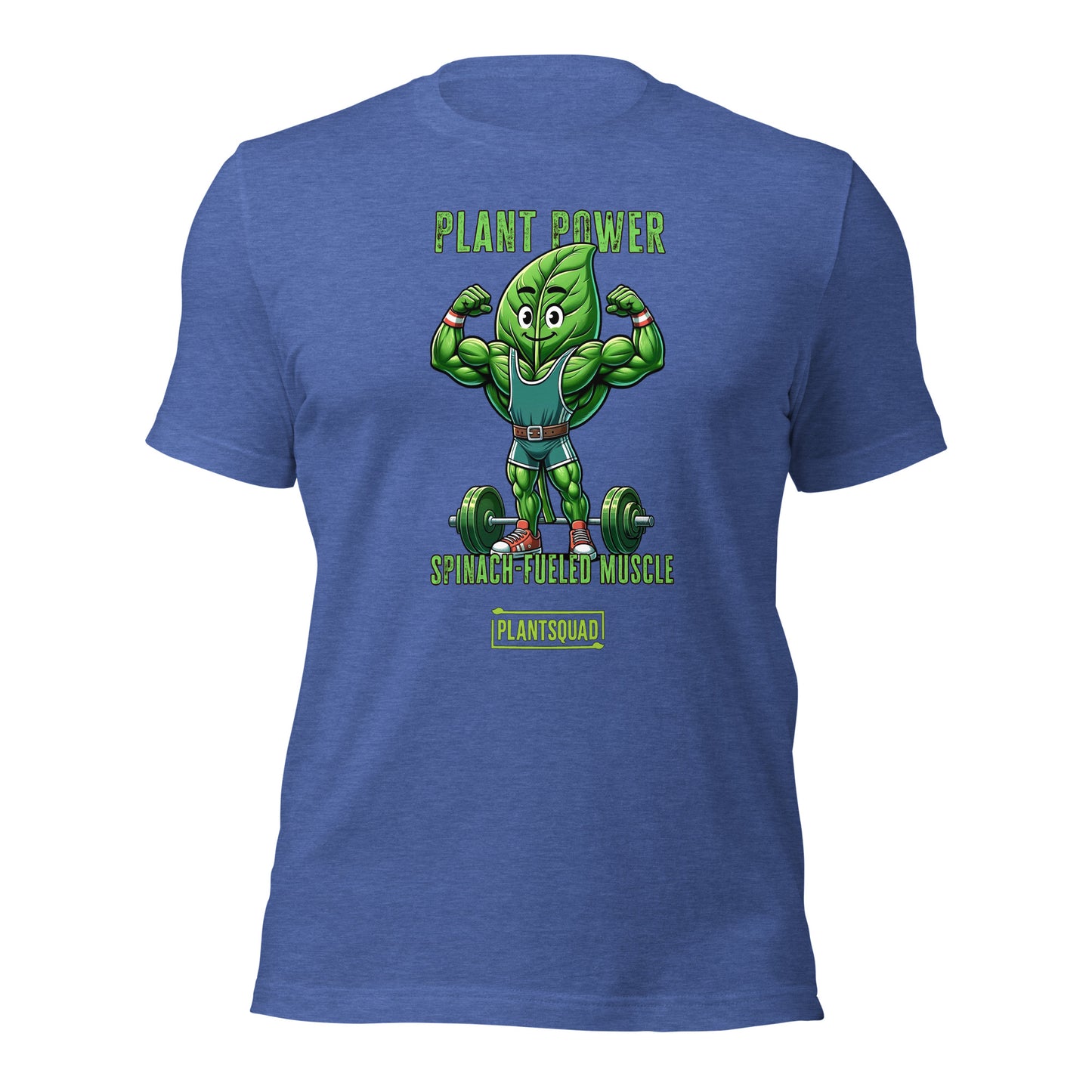 A black Plantsquad Spinach "Plant Power Spinach Fueled Muscle" - Unisex T-Shirt featuring a cartoon spinach leaf with muscular arms, wearing a green outfit and flexing next to a barbell. Perfect for fitness enthusiasts embracing the vegan lifestyle, it boasts "PLANT POWER, SPINACH-FUELED MUSCLE, #PLANTSQUAD" above and below the image.