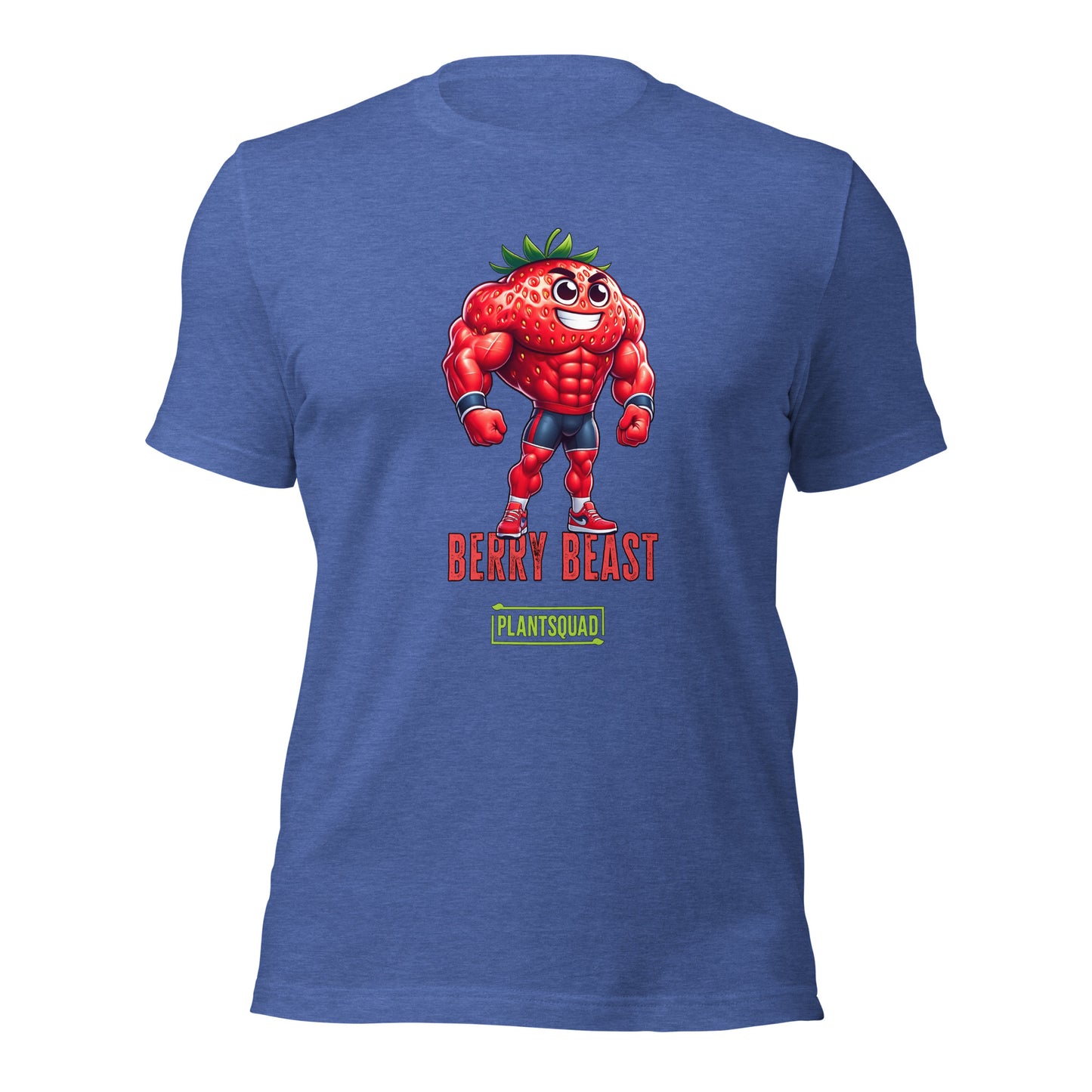 A black T-shirt displays a muscular cartoon strawberry character with arms crossed, wearing sneakers. Perfect for fitness enthusiasts, the design features "BERRY BEAST" in red and "PLANTSQUAD" in green, making it ideal for those embracing a vegan lifestyle. This is the Plantsquad Strawberry "Berry Beast" - Unisex T-Shirt.