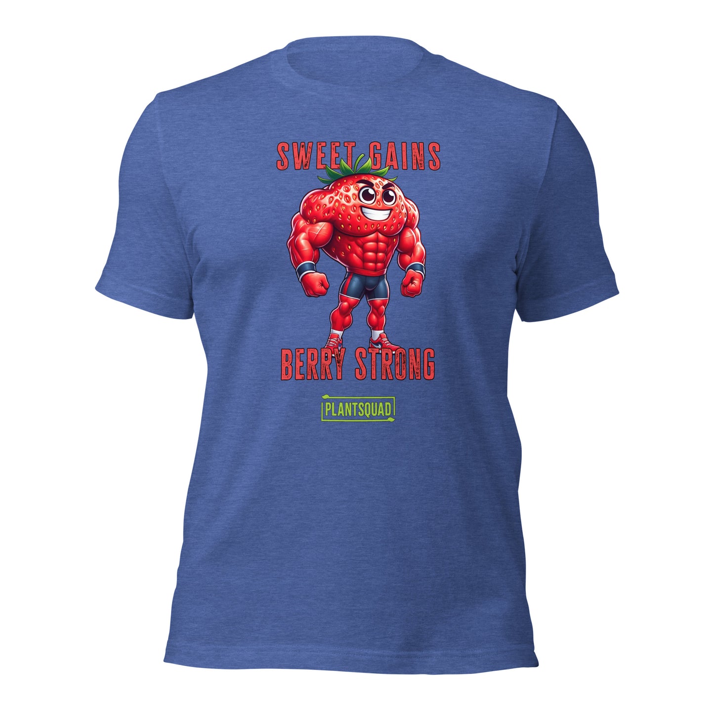 A black fitness T-shirt featuring a cartoon muscular strawberry in a superhero pose. Above the strawberry, the text reads "SWEET GAINS," and below it, "BERRY STRONG." Perfect for those embracing a vegan lifestyle, it sports a green logo with the word "PLANTSQUAD" at the bottom is called **Plantsquad Strawberry "Sweet Gains Berry Strong" - Unisex T-Shirt**.