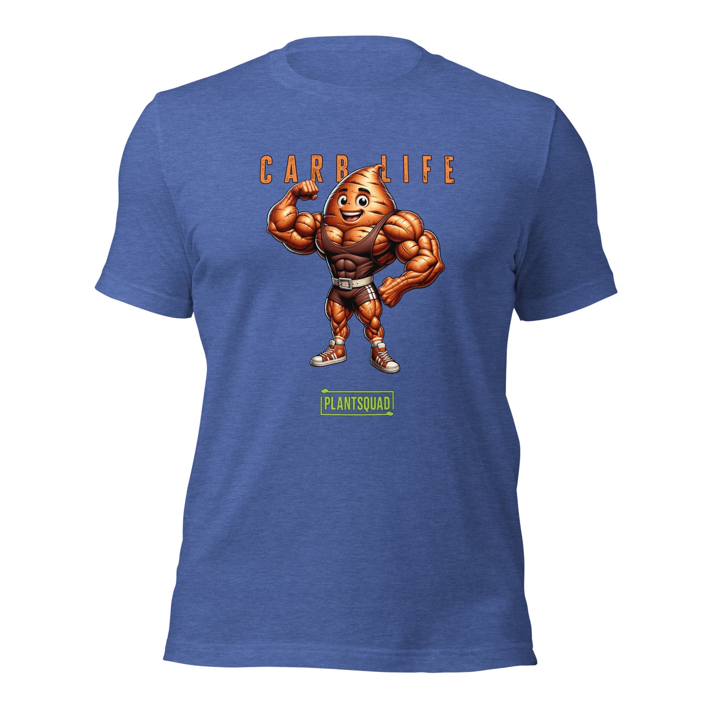 Plantsquad Sweet Potato "Carb Life" - Unisex T-Shirt featuring a muscular, flexing potato character with a smiley face. Above the character, text reads "CARB LIFE" in bold letters. Below the character, the word "PLANTSQUAD" appears in a green banner. Perfect for those embracing a plant based lifestyle and looking for unique fitness clothing.