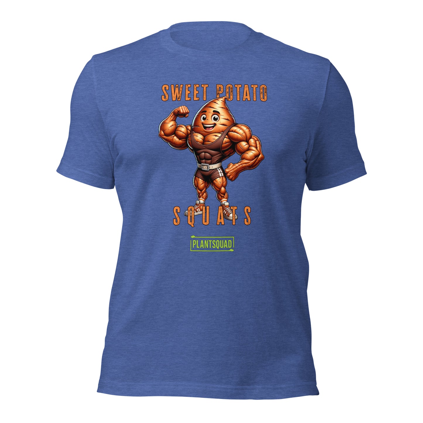 A Plantsquad Sweet Potato "Sweet Potato Squats" - Unisex T-Shirt featuring a muscular cartoon sweet potato character flexing its biceps. The text above the character reads "Sweet Potato" and below it reads "Squats." There is a green logo at the bottom with the text "PLANTSQUAD." Perfect for vegan fitness enthusiasts embracing a plant-based lifestyle.