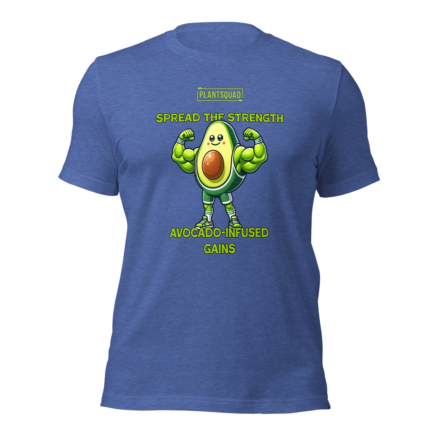 A black Plantsquad Avocado "Spread The Strength Avocado-Infused Gains" - Unisex T-Shirt featuring a muscular, cartoon avocado character with fists raised. Text above and below the character reads "PLANTSQUAD," "SPREAD THE STRENGTH," and "AVOCADO-INFUSED GAINS" in bright green lettering.