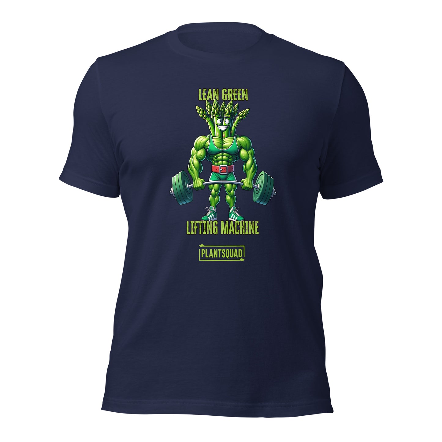 A black T-shirt featuring a muscular green creature holding barbells, under the text "LEAN GREEN LIFTING MACHINE." Below the graphic, a text box proudly reads "Plantsquad Asparagus 'Lean Green Lifting Machine' - Unisex T-Shirt" to represent your team.