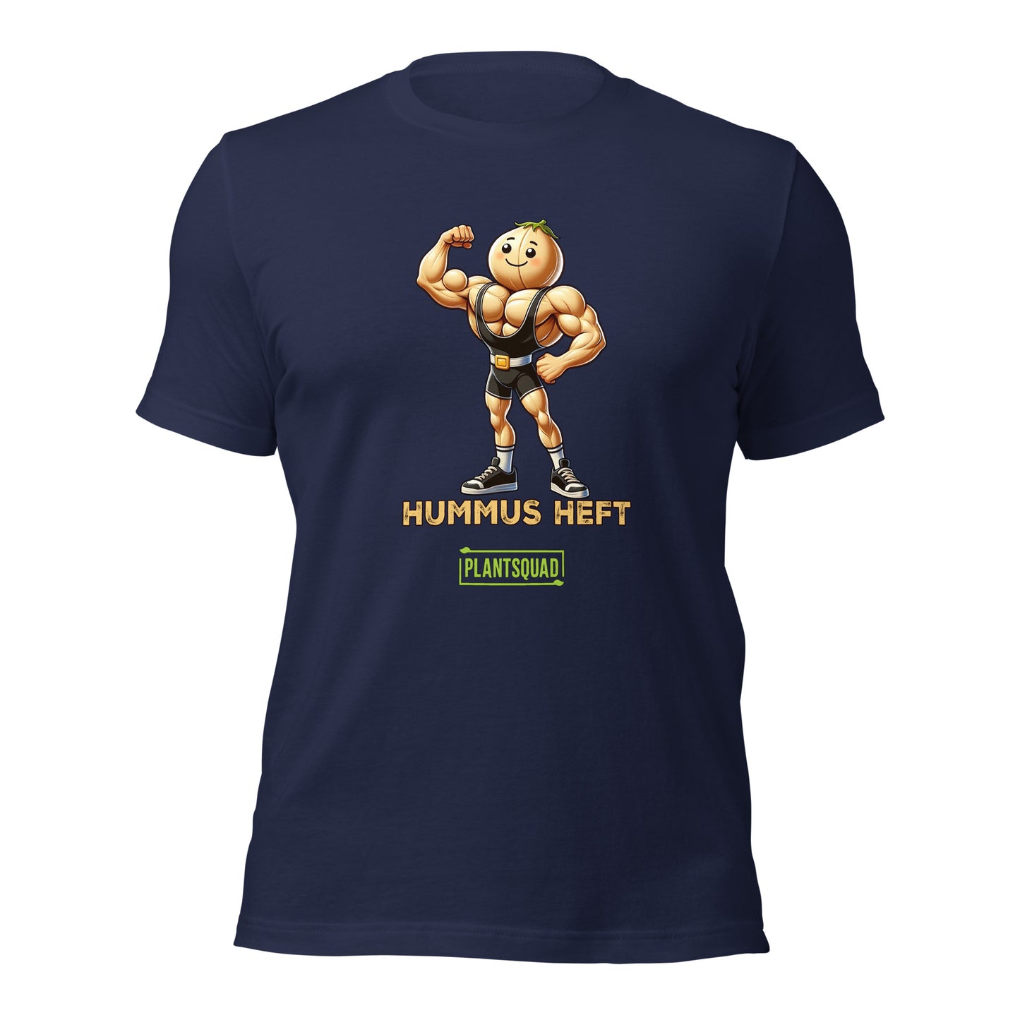 A Plantsquad Chickpea "Hummus Heft" - Unisex T-Shirt featuring a muscular chickpea character flexing its arms. Below the character, the text proudly reads, "HUMMUS HEFT" and "#PLANTSQUAD." The character and text are printed in vibrant yellow and white, adding striking contrast to the black shirt.