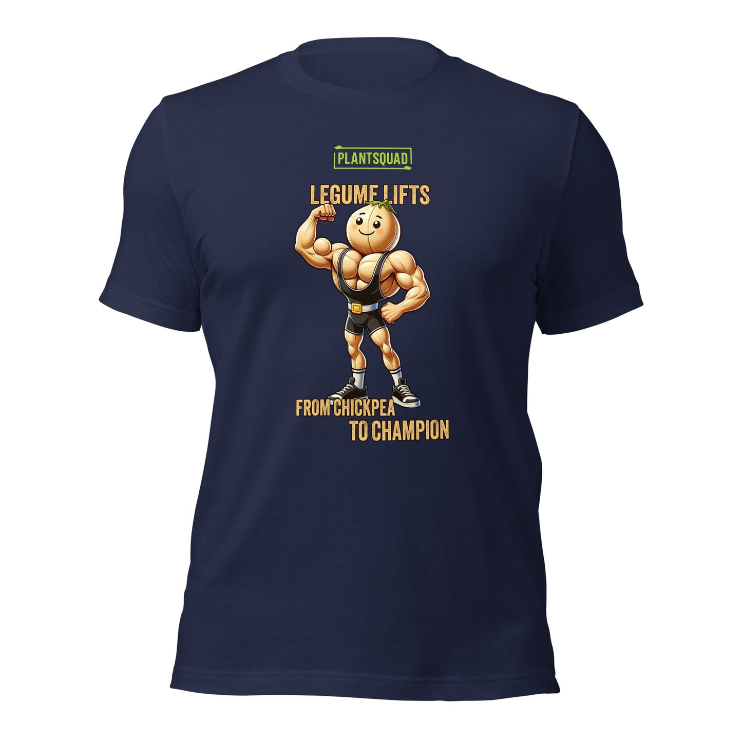 A black T-shirt featuring a muscular, anthropomorphic chickpea in a black singlet. The text reads, "PLANTSQUAD LEGUME LIFTS FROM CHICKPEA TO CHAMPION." The chickpea is flexing its biceps and smiling confidently. This is the Plantsquad Chickpea "Legume Lifts" - Unisex T-Shirt.