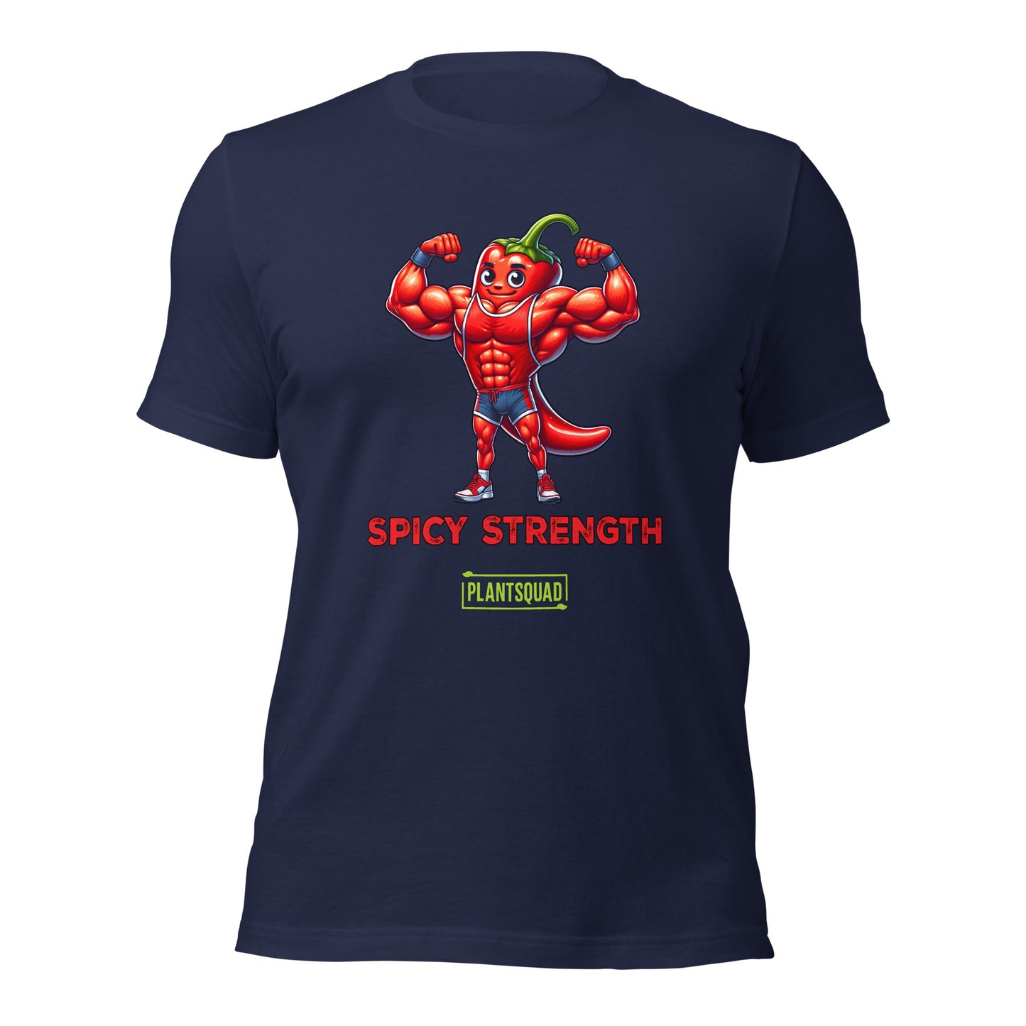 Plantsquad Chilli "Spicy Strength" - Unisex T-Shirt: A black T-shirt featuring a muscular cartoon chili pepper flexing its arms under the words "SPICY STRENGTH" in bold red text. Below that is the green and yellow Plantsquad logo, adding a touch of flair.