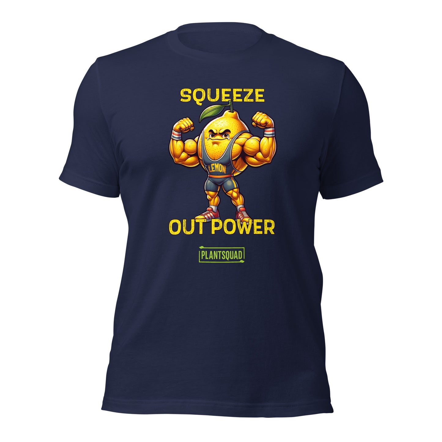 A black Plantsquad Lemon "Squeeze Out Power" - Unisex T-Shirt featuring a muscular lemon character flexing its arms with the text "Squeeze Out Power" in yellow. Perfect for fitness enthusiasts and those embracing a vegan lifestyle, the word "LEMON" appears on the character's chest, with "PLANTSQUAD" in a green box at the bottom.