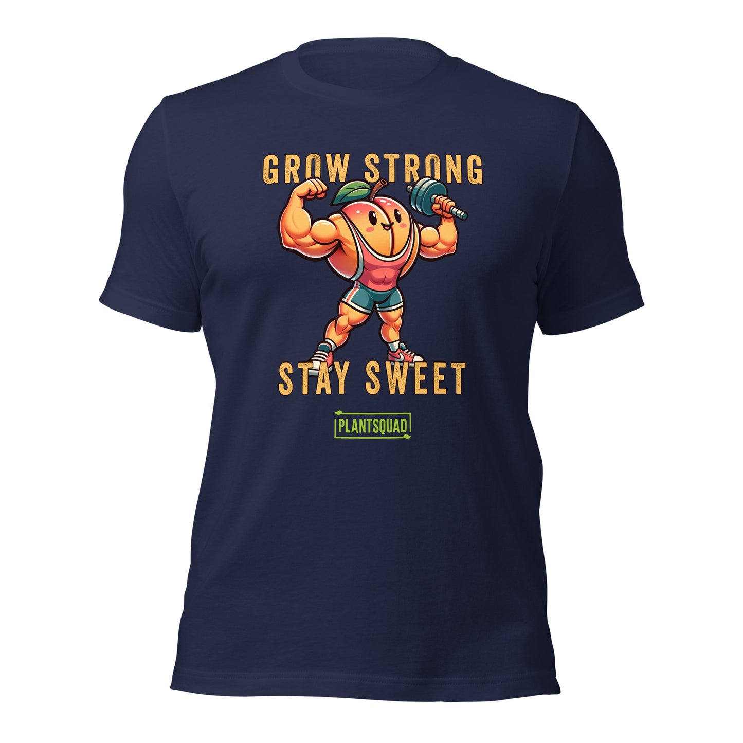 The Plantsquad Peach "Grow Strong Stay Sweet" - Unisex T-Shirt features an illustration of a muscular, anthropomorphic peach wearing a headband, wristbands, and shorts, lifting a barbell. The text above reads "GROW STRONG" and below reads "STAY SWEET" with a "PLANTSQUAD" logo at the bottom. Perfect for those embracing a plant-based lifestyle and fitness apparel.