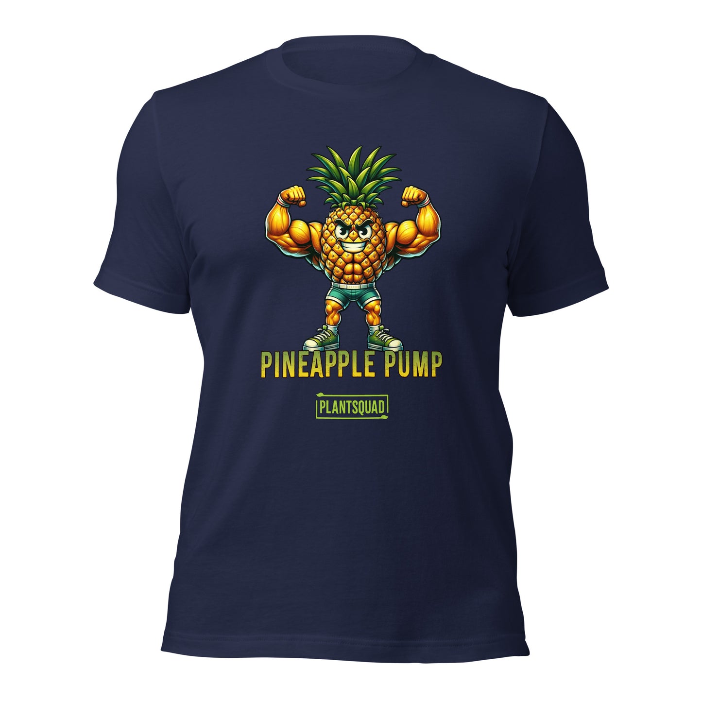 A black Plantsquad Pineapple "Pineapple Pump" - Unisex T-Shirt featuring an illustration of a muscular pineapple character flexing its biceps. Perfect for fitness enthusiasts, the text "Pineapple Pump" is written below, along with a yellow rectangular logo that says "Plantsquad," promoting a fun vegan lifestyle.