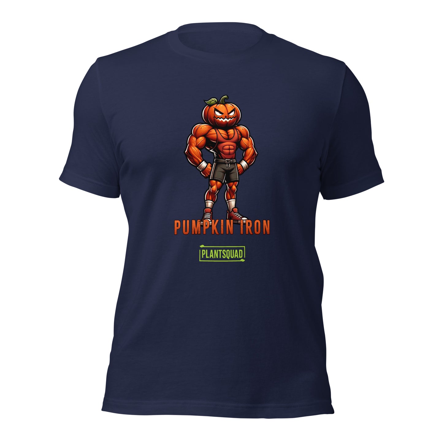 A Plantsquad Pumpkin "Pumpkin Iron" - Unisex T-Shirt featuring a muscular pumpkin-headed character flexing its arms. The character is wearing shorts, trainers, and gloves. The text "PUMPKIN IRON" is displayed in bold orange letters below the character, with "PLANTSQUAD" in green beneath it—perfect for fitness enthusiasts with a vegan lifestyle.