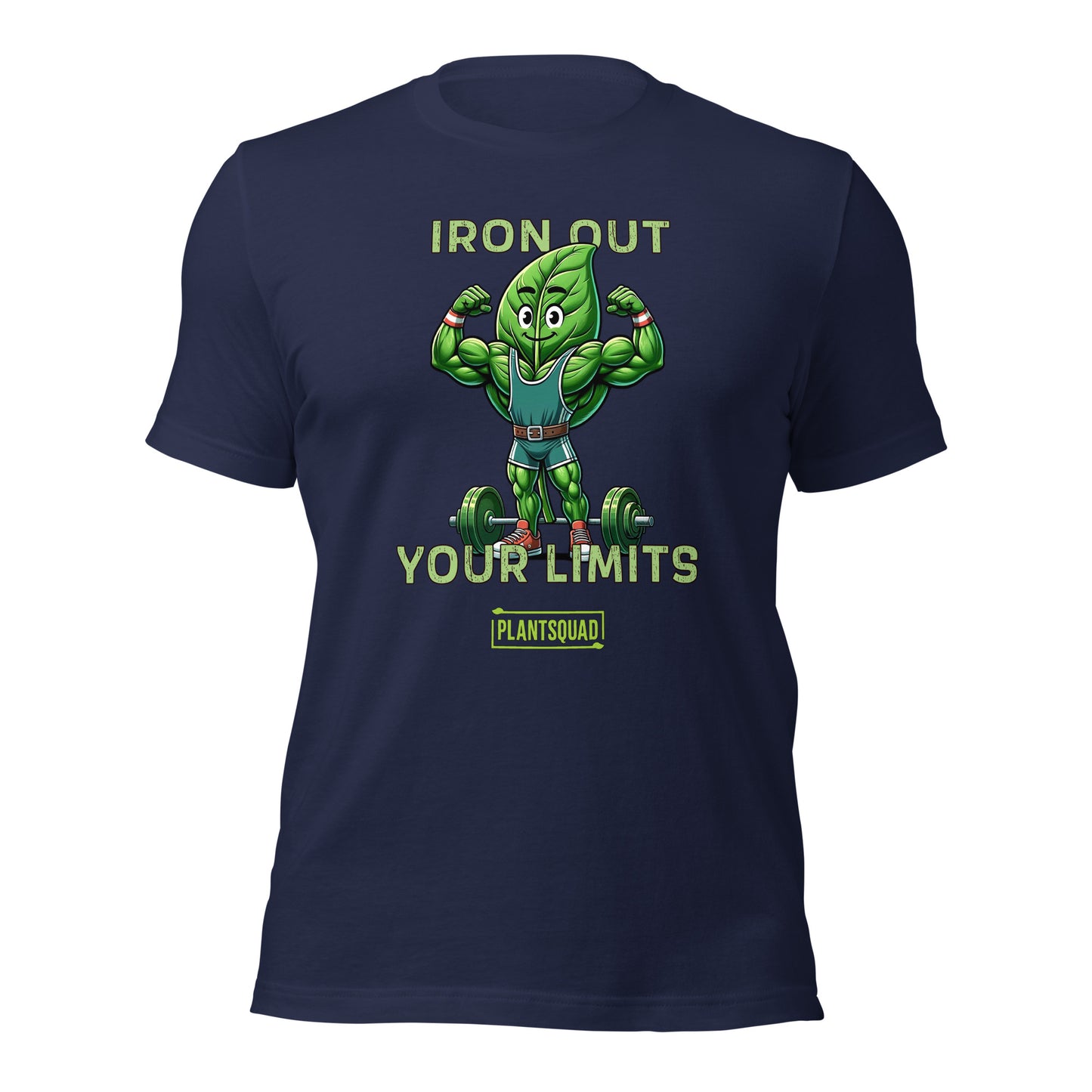 A black Plantsquad Spinach "Iron Out Your Limits" - Unisex T-Shirt featuring a muscular cartoon green leaf character lifting a barbell, with the text "IRON OUT YOUR LIMITS" above and below the character. Embrace your vegan lifestyle with the word "PLANTSQUAD" at the bottom in a small rectangular green box.