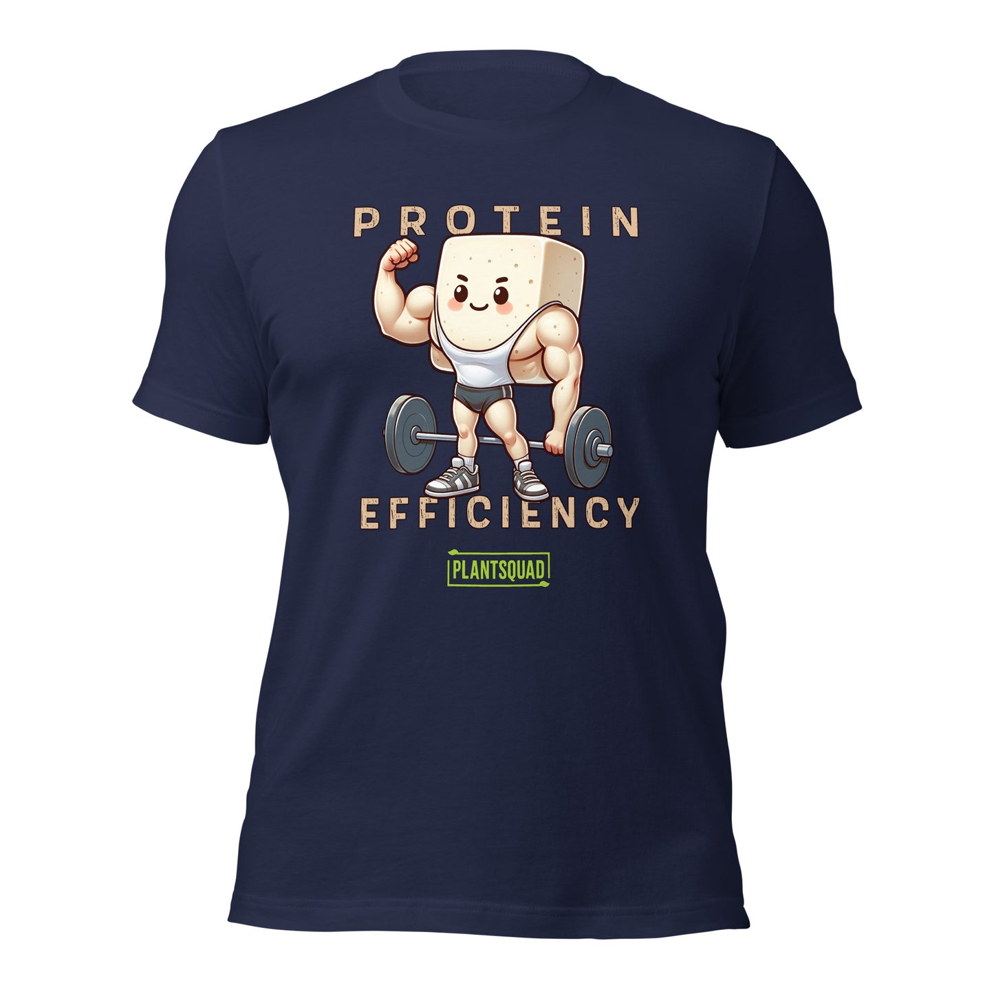 The Plantsquad Tofu "Protein Efficiency" - Unisex T-Shirt features a muscly tofu design with arms, legs, and a headband, lifting a barbell. The text above and below the character reads "PROTEIN EFFICIENCY." The phrase "Plant Squad" is printed below the illustration, perfect for those embracing a vegan fitness journey.