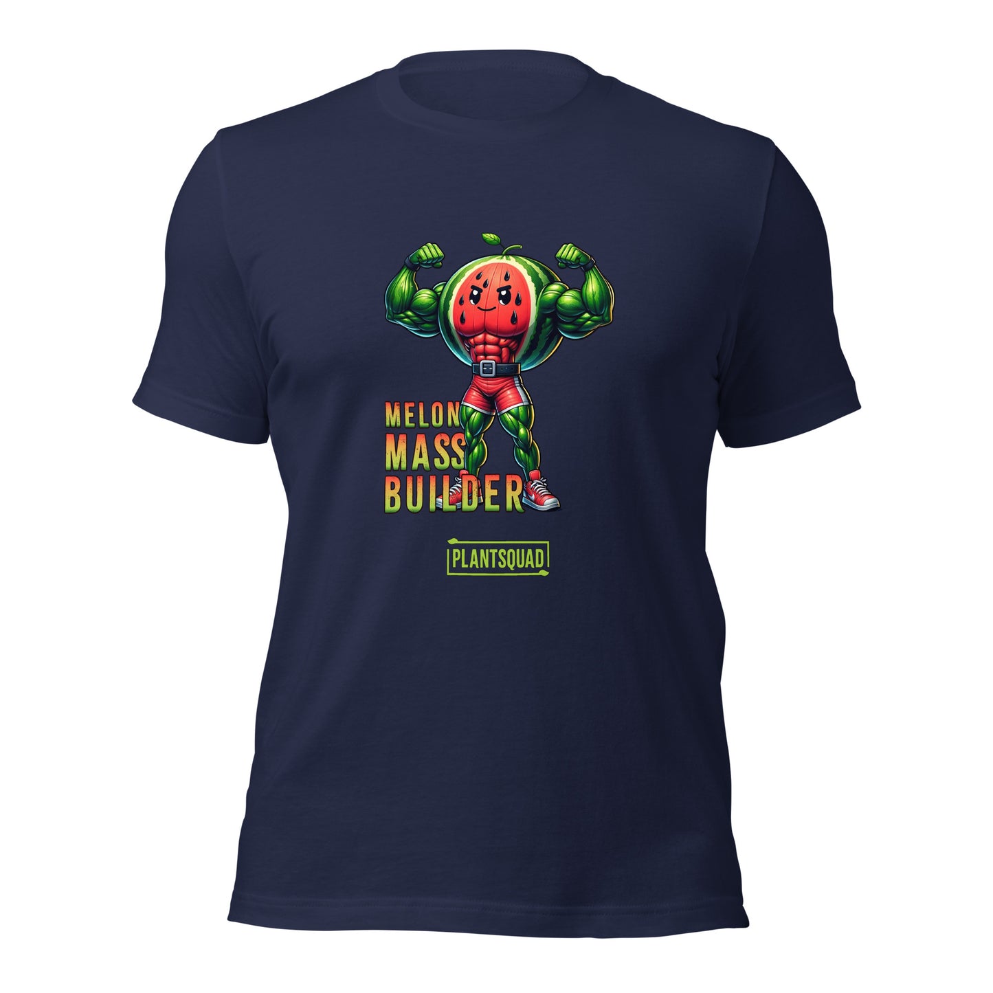 A black gym T-shirt features a muscly watermelon cartoon character flexing its arms. The text reads "Melon Mass Builder" in large colorful letters, with "Plant Squad" written below. Perfect for those embracing a vegan lifestyle, the design is bold and vibrant. The product name is: Plantsquad Watermelon "Melon Mass Builder" - Unisex T-Shirt.