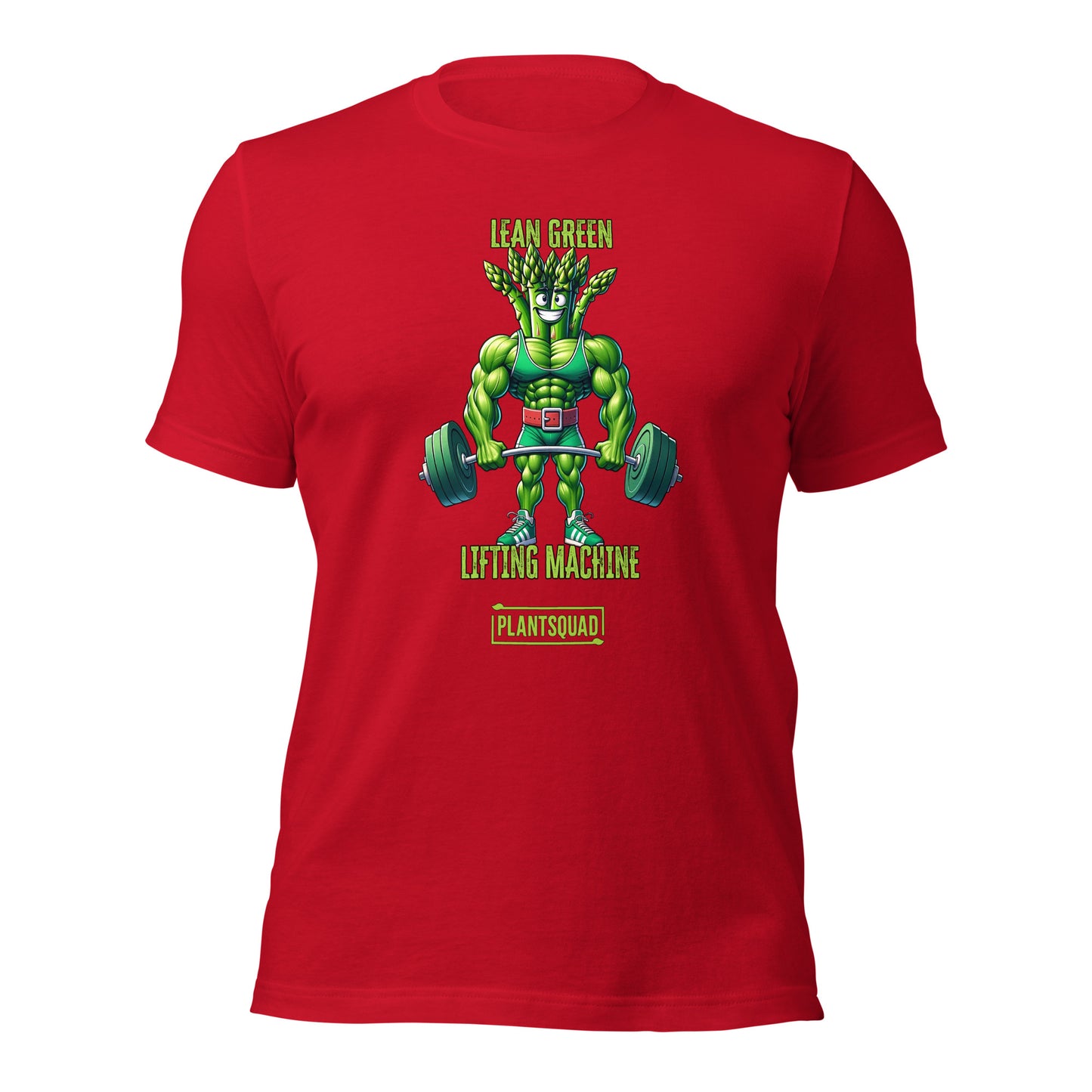 A black T-shirt featuring a muscular green creature holding barbells, under the text "LEAN GREEN LIFTING MACHINE." Below the graphic, a text box proudly reads "Plantsquad Asparagus 'Lean Green Lifting Machine' - Unisex T-Shirt" to represent your team.