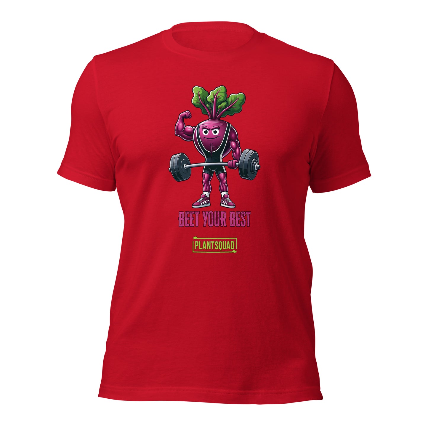 A Plantsquad Beetroot "Beet Your Best" - Unisex T-Shirt featuring a cartoon beetroot lifting weights with a determined expression. Above the beetroot, the text reads, "BEET YOUR BEST," while below it, "PLANTSQUAD" is showcased in a green box.