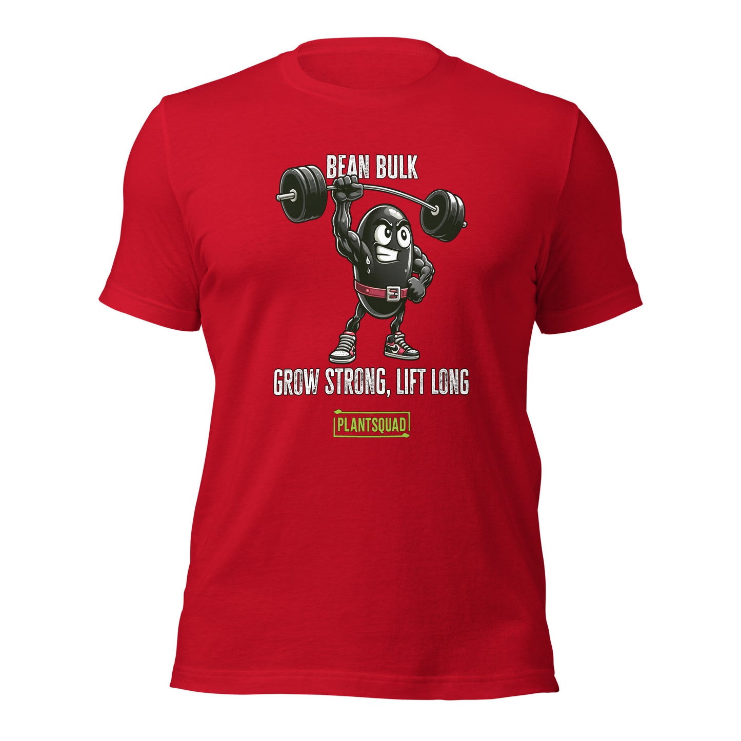 The Plantsquad Black Bean "Bean Bulk Grow Strong Lift Long" - Unisex T-Shirt features a muscular cartoon bean character lifting a barbell. The text above the character reads "Bean Bulk" and below it says "Grow Strong, Lift Long." Proudly show your loyalty to the Plantsquad with the word displayed in a green box at the bottom.