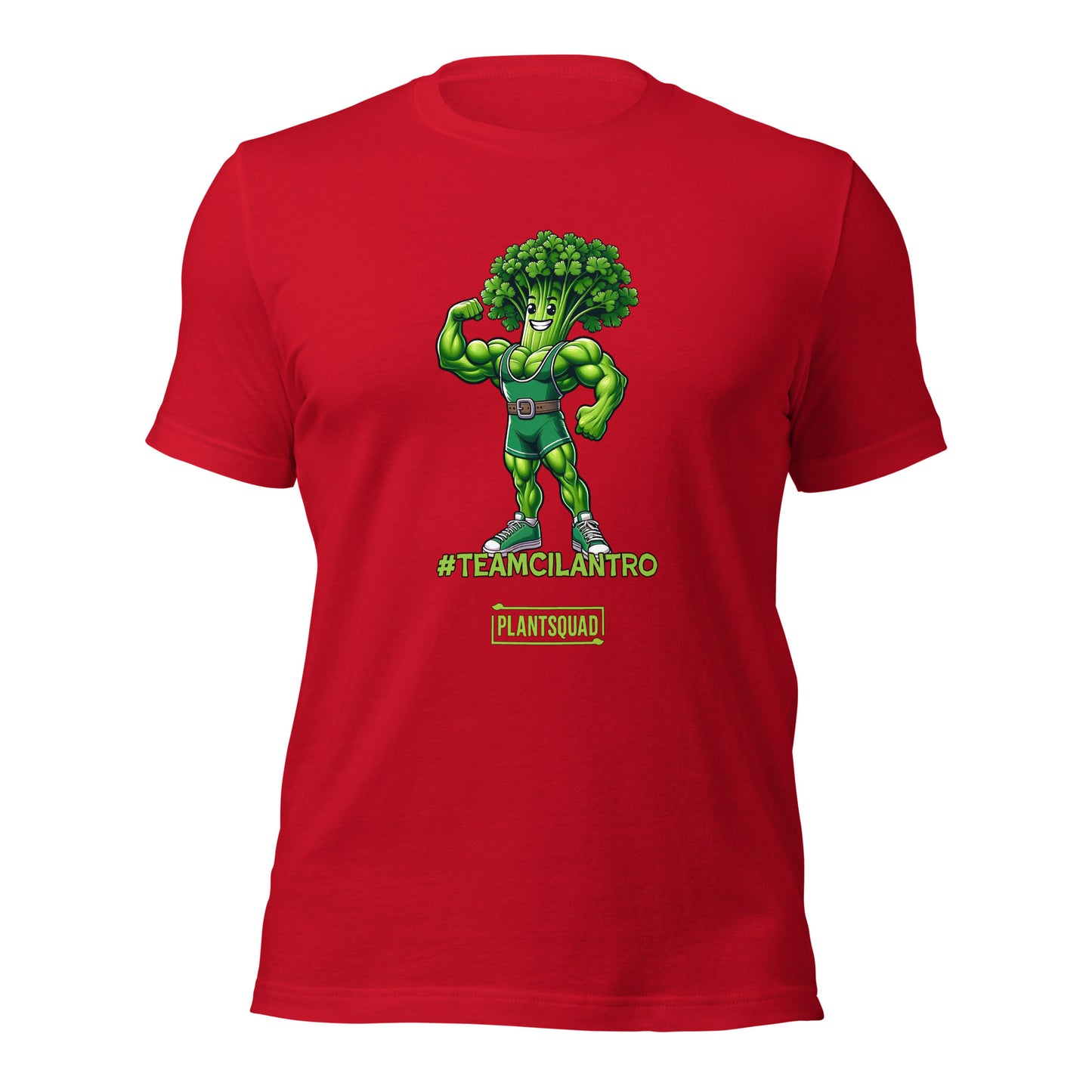 A Plantsquad Cilantro "Team Cilantro" - Unisex T-Shirt showcasing a cartoon character with a broccoli head and muscular green body. The character, dressed in a green singlet and flexing one arm, proudly displays the text "#TEAMCILANTRO" below, alongside the iconic "plant squad" logo.