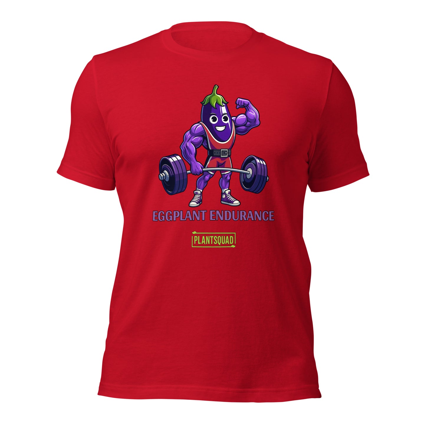 A Plantsquad Eggplant "Eggplant Endurance" - Unisex T-Shirt featuring a muscular animated eggplant character wearing a red and white athletic outfit, lifting a barbell. The text reads "Eggplant Endurance" above "Plantsquad" in green.