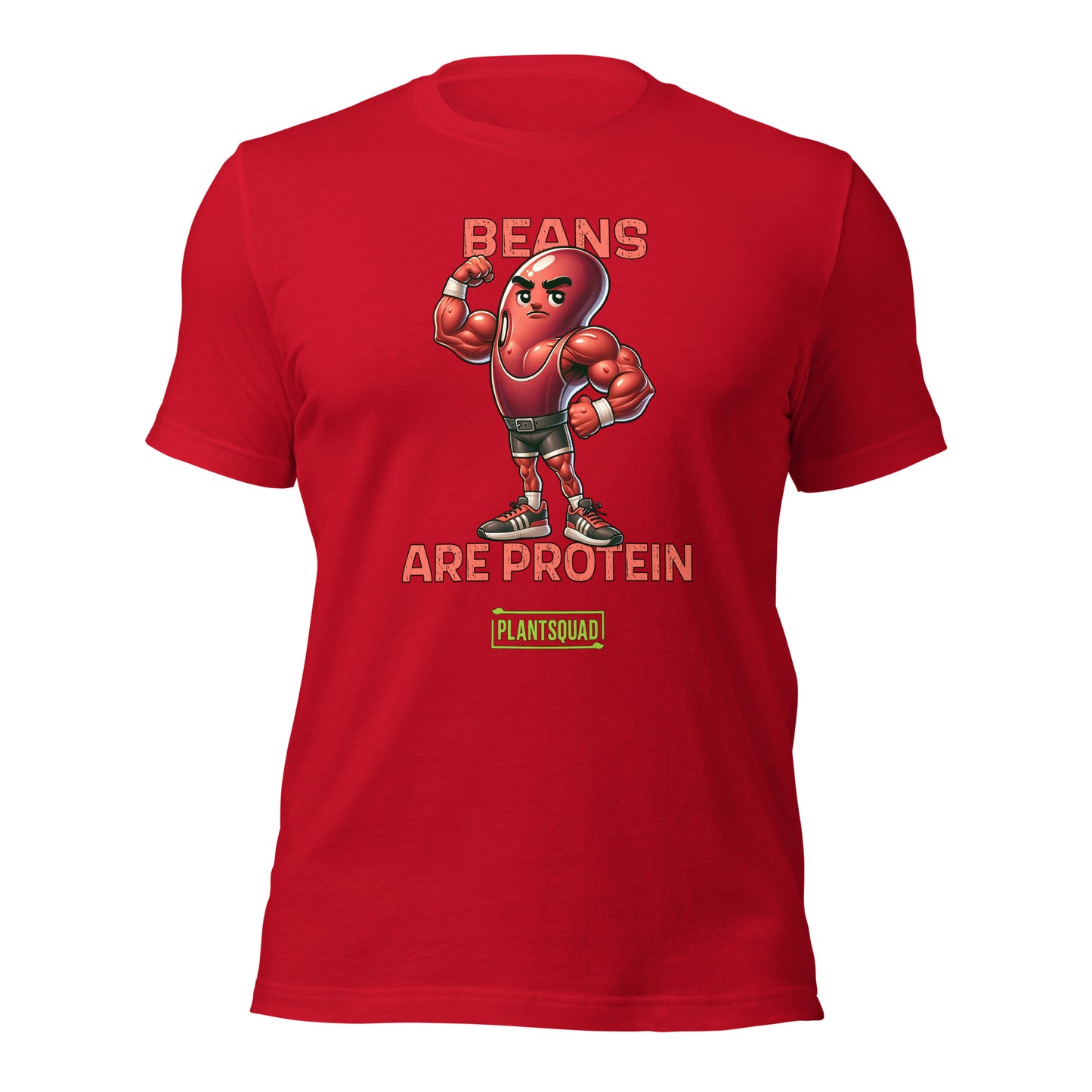 A black t-shirt featuring a muscular cartoon bean character with arms flexed. Above the character, red text reads "Beans," and below it, "Are Protein" is displayed in orange. Beneath that, the word "Plantsquad" is prominently written in green — Plantsquad Kidney Bean "Beans Are Protein" - Unisex T-Shirt.