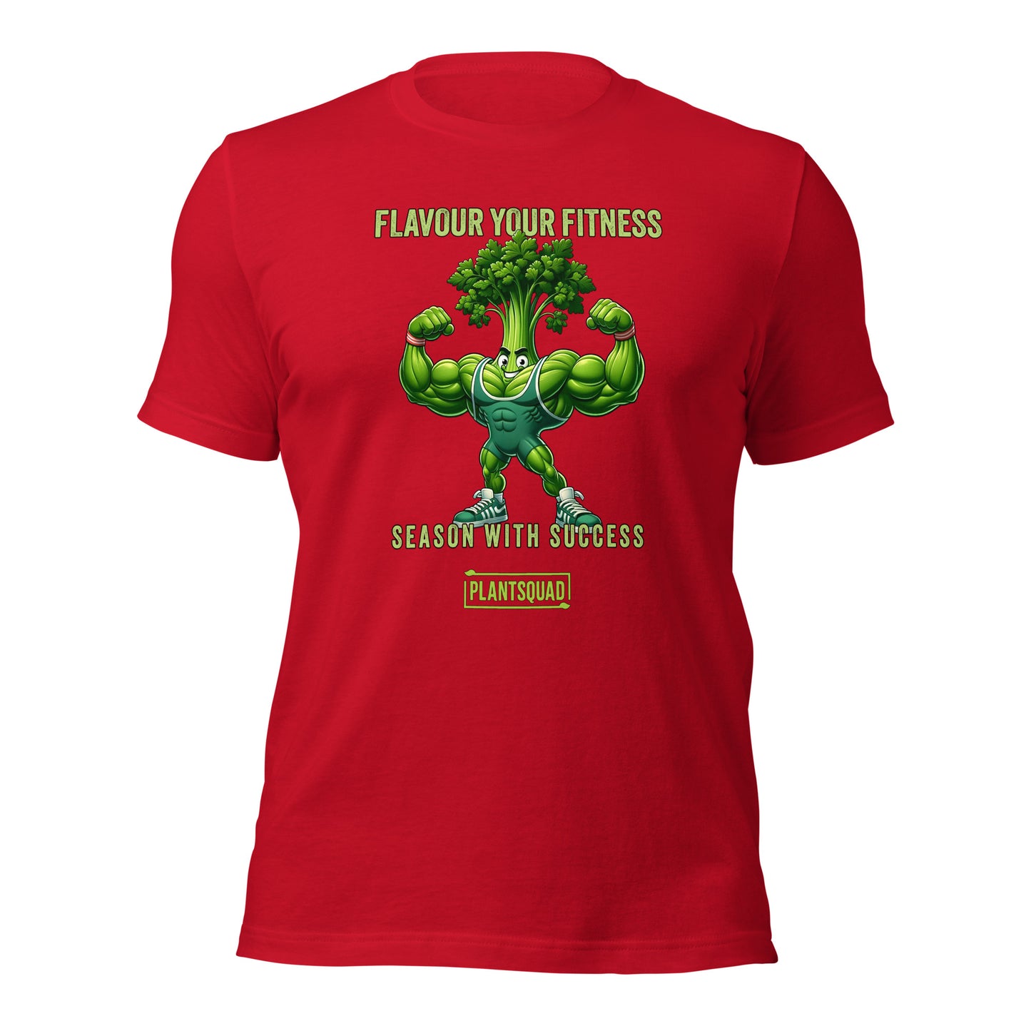 Plantsquad Parsley "Flavour Your Fitness Season With Success" - Unisex T-Shirt with a cartoon muscular broccoli character flexing its arms. The text above the character reads "FLAVOUR YOUR FITNESS." Below the character, the text says "SEASON WITH SUCCESS," and at the bottom, a logo reads "PLANTSQUAD." Perfect for enthusiasts of the vegan lifestyle.