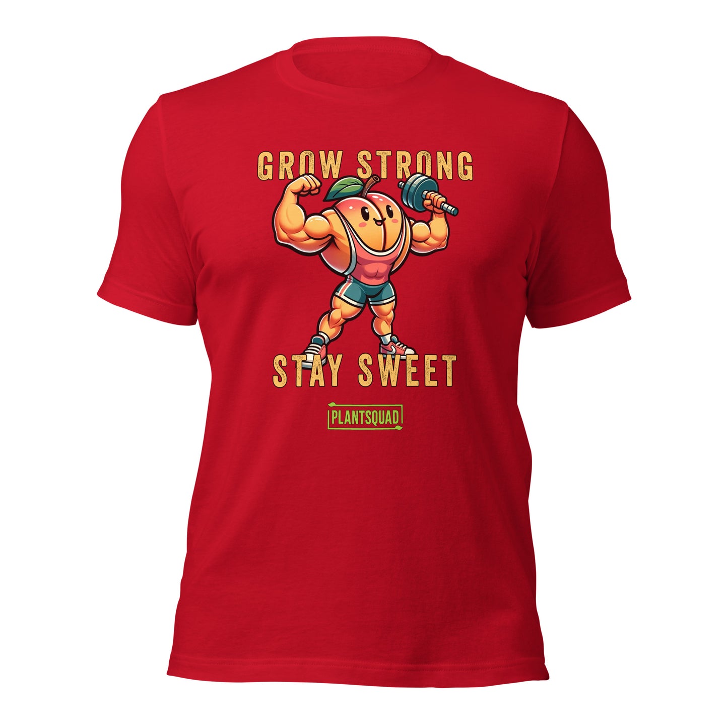 The Plantsquad Peach "Grow Strong Stay Sweet" - Unisex T-Shirt features an illustration of a muscular, anthropomorphic peach wearing a headband, wristbands, and shorts, lifting a barbell. The text above reads "GROW STRONG" and below reads "STAY SWEET" with a "PLANTSQUAD" logo at the bottom. Perfect for those embracing a plant-based lifestyle and fitness apparel.