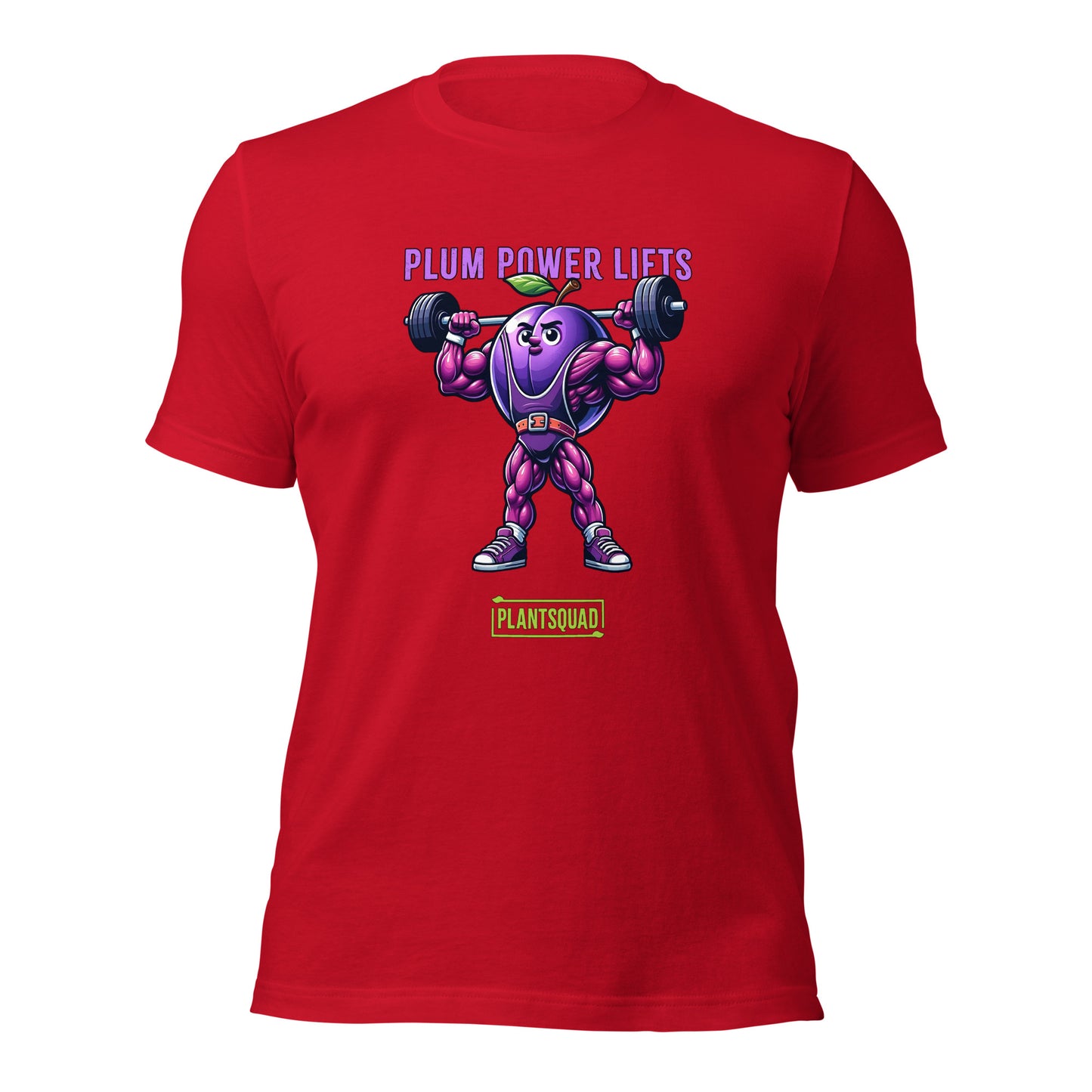 Plantsquad Plum "Plum Power Lifts" - Unisex T-Shirt featuring a cartoon plum with muscular arms and legs lifting a barbell. The text above the image reads "Plum Power Lifts" and below it, there's a logo with "PLANTSQUAD." Perfect for fitness enthusiasts embracing a vegan lifestyle, the plum character is depicted in a vibrant, exaggerated style.